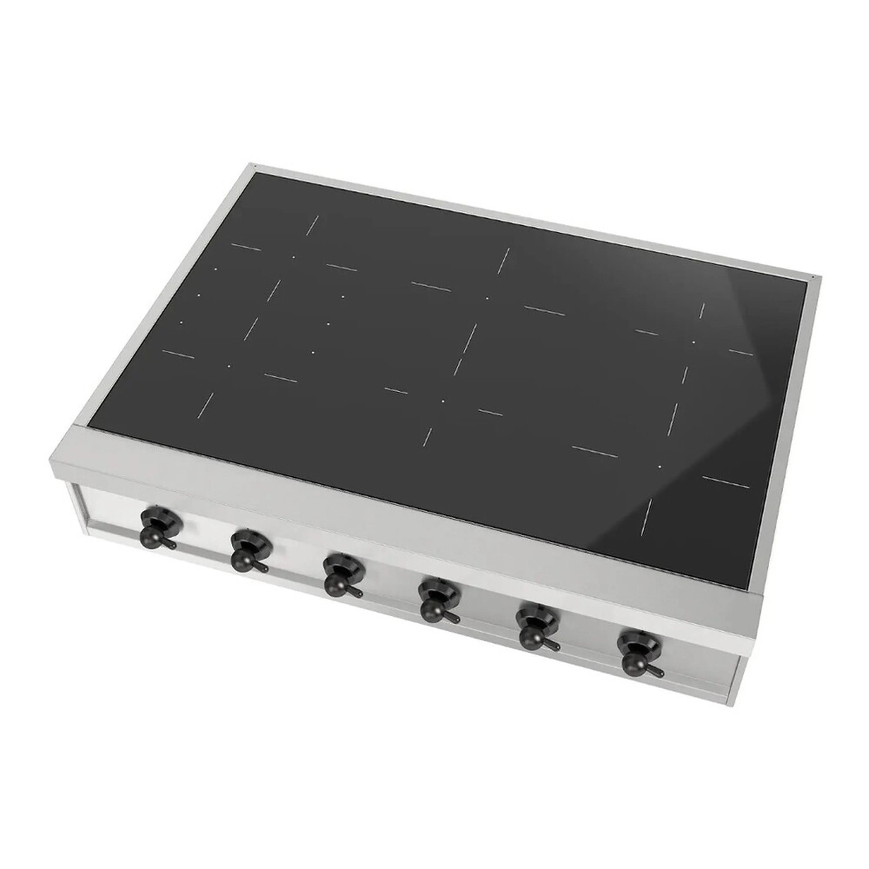 Stainless built-in induction cooktop with black glass top and 6 round control knobs