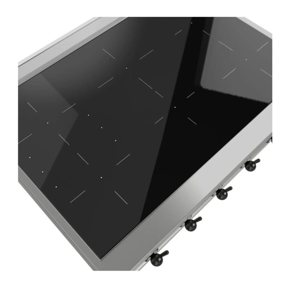 Induction cooktop close-up with black glass panel and angled stainless housing, side controls visible