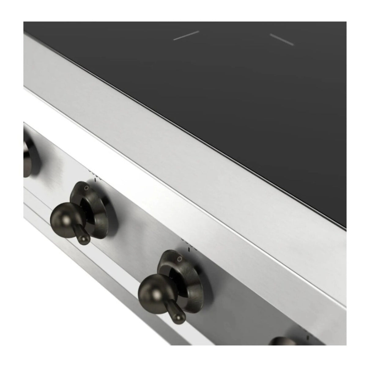 Stainless induction cooktop control panel detail with two black round knobs