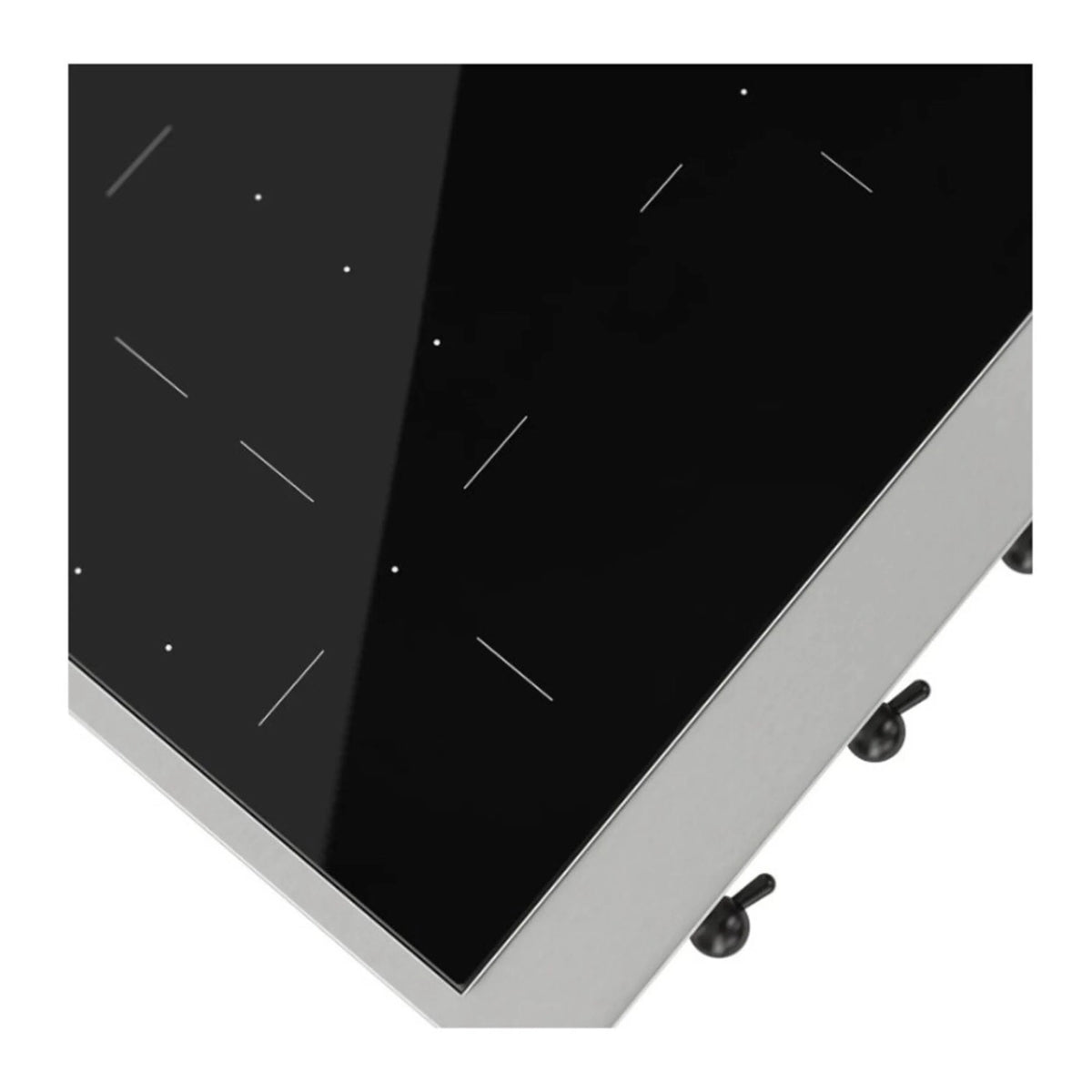 Corner view of black glass induction cooktop with stainless border and side control knobs