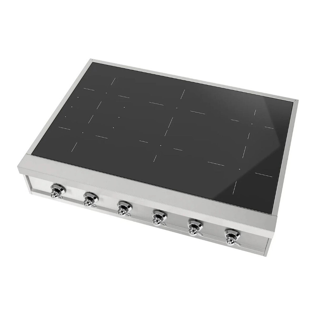 Built-in induction cooktop with black glass cook surface and six control knobs