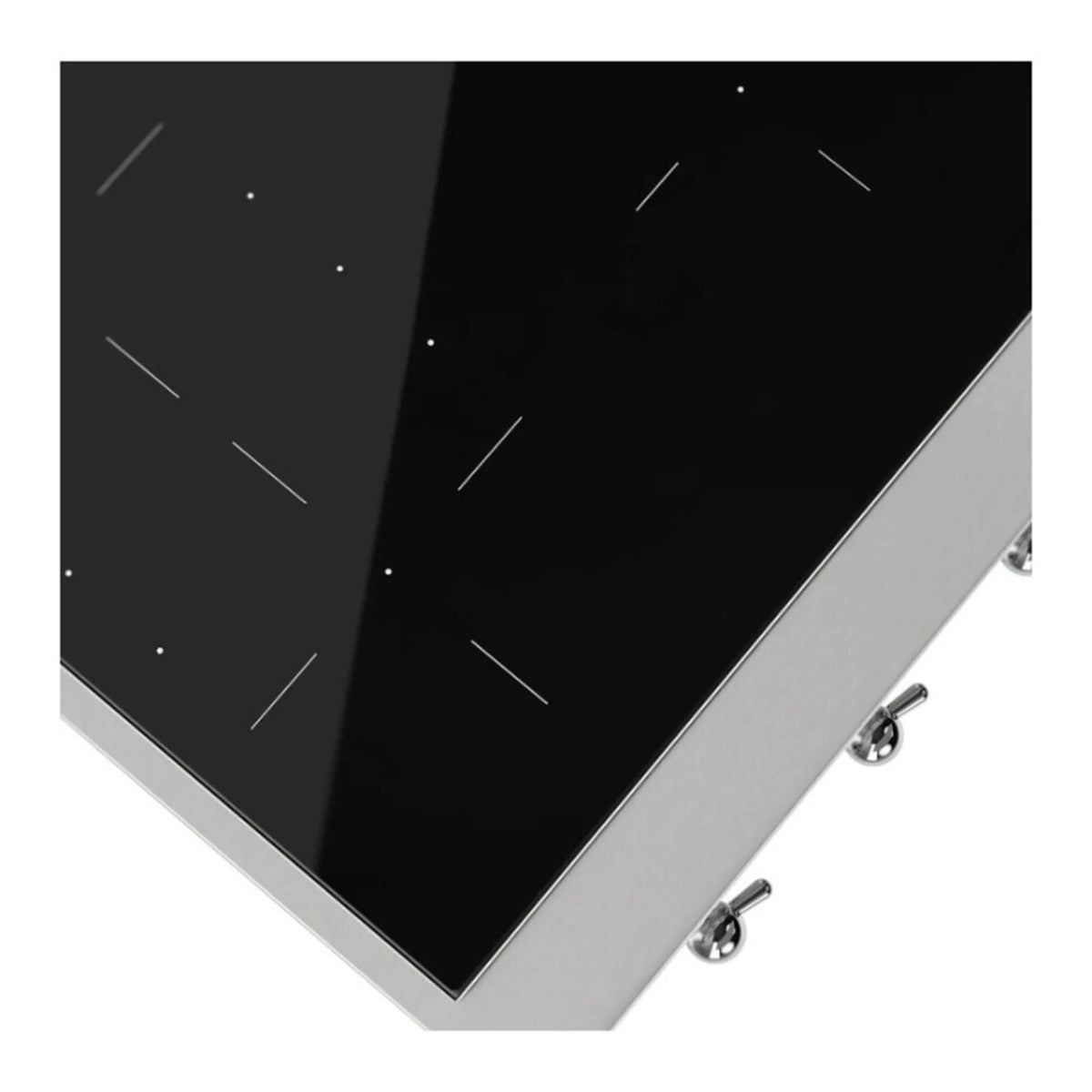 Built-in induction cooktop close-up showing black glass surface and silver side controls