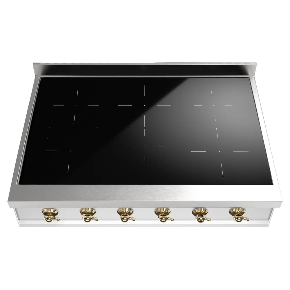 Stainless steel induction cooktop with black glass surface and brass control knobs