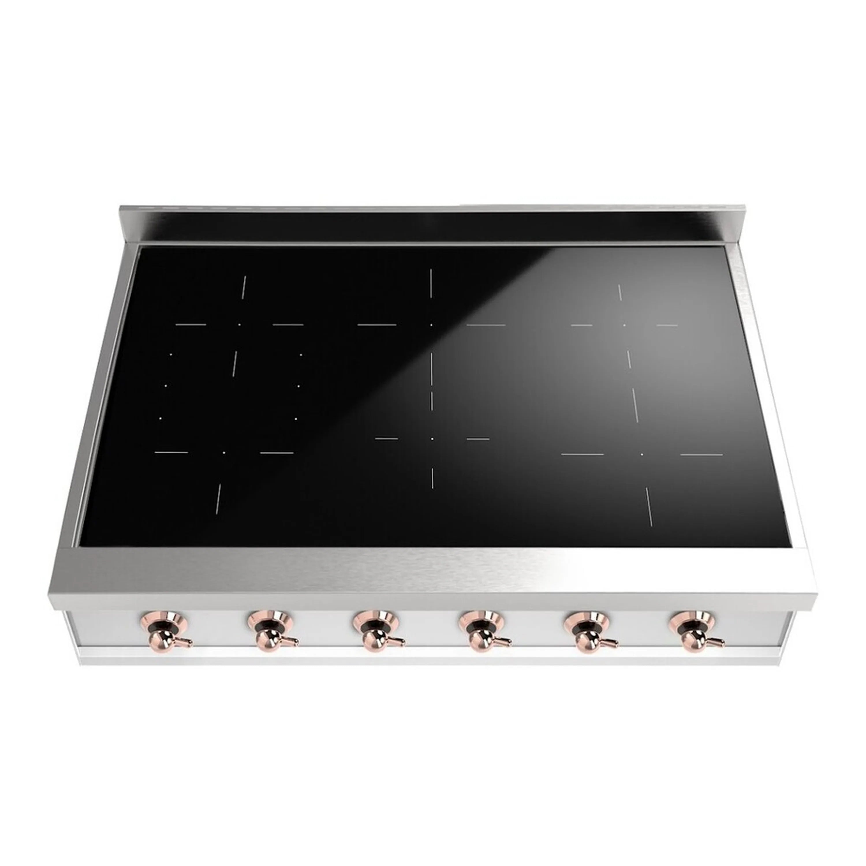 Built-in induction cooktop with black glass and stainless base, showing 6 front control knobs