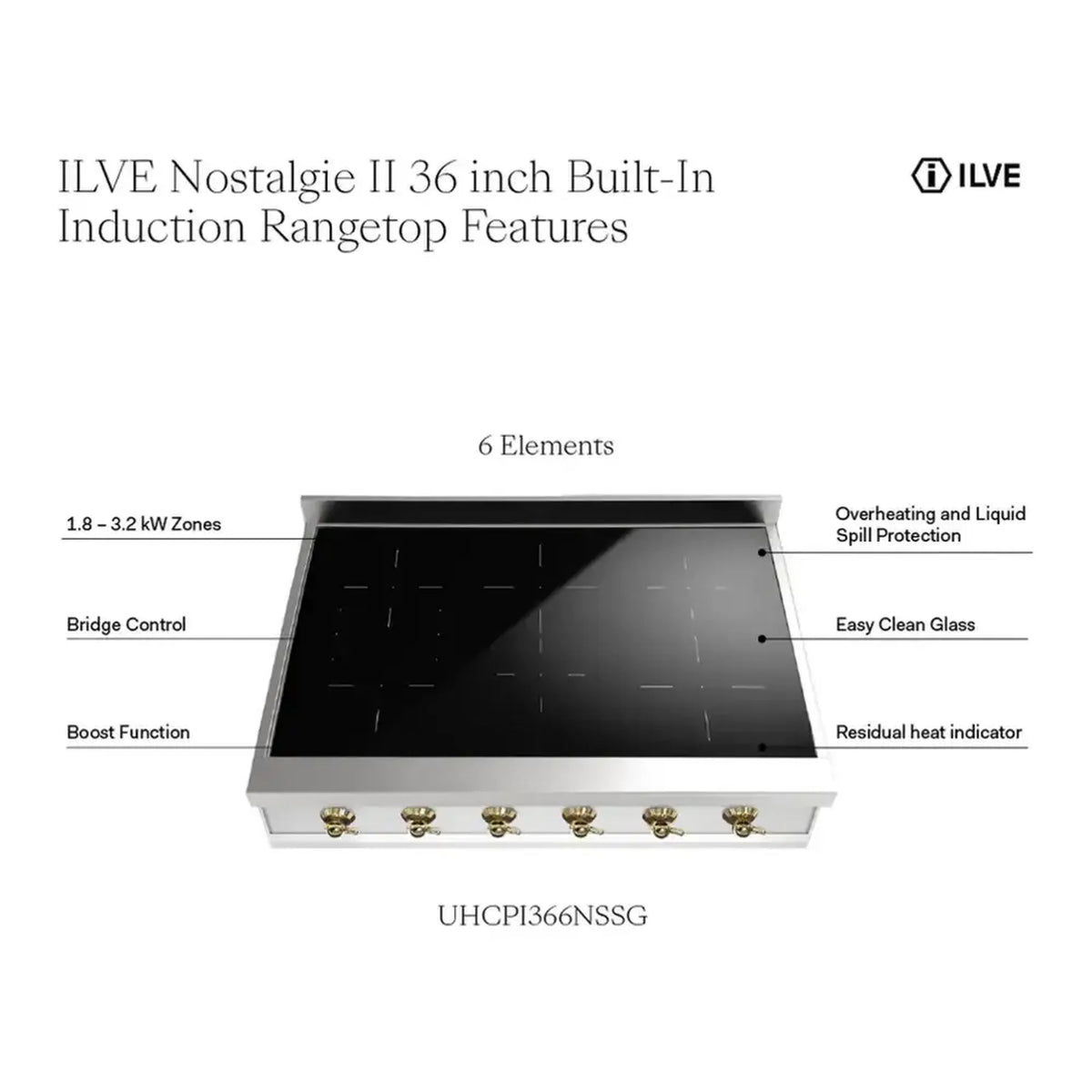 Built-in induction rangetop with black glass, stainless trim, and 6 control elements