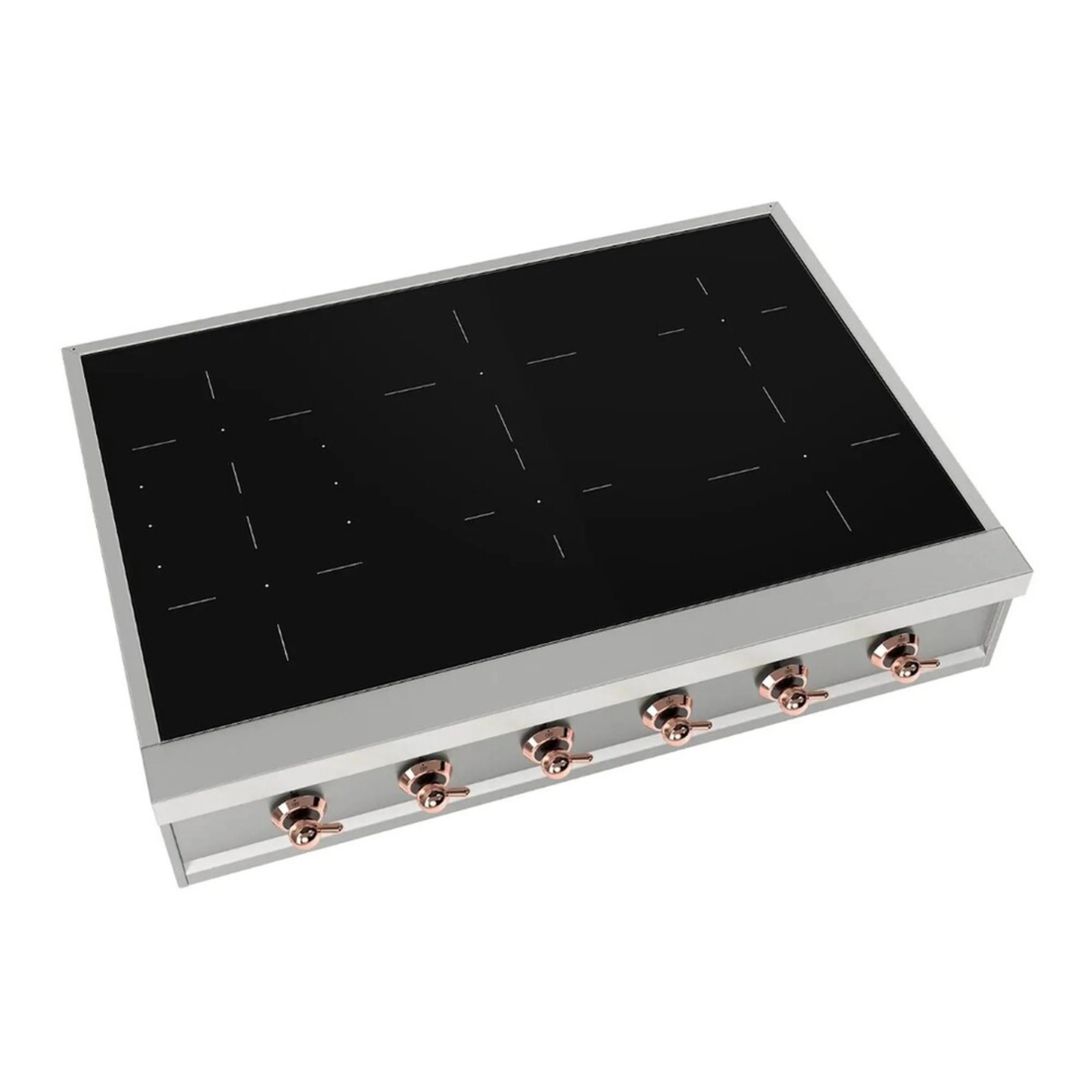 Built-in induction cooktop with black glass top and 6 copper control knobs on front
