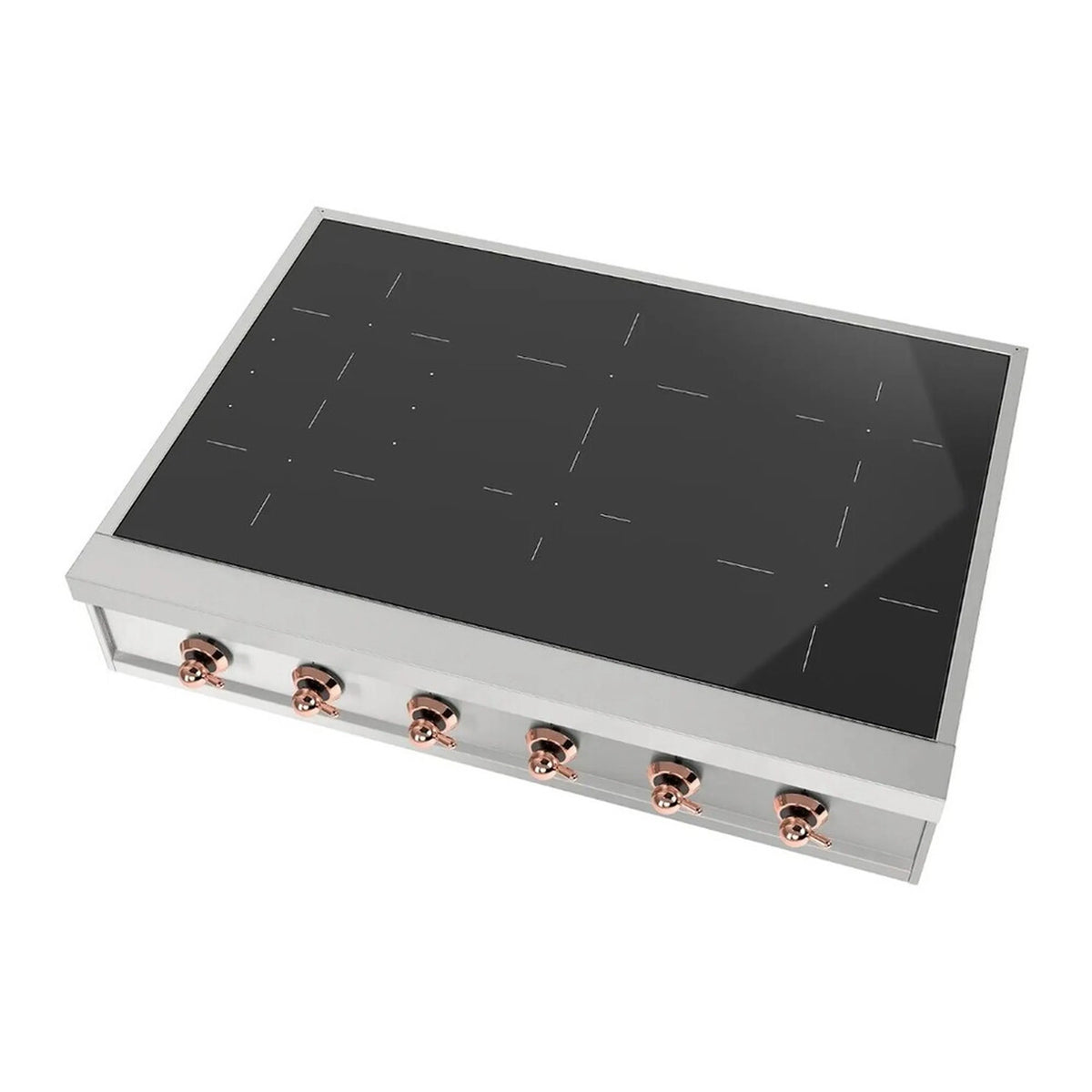 Built-in induction cooktop, angled view: black glass cooking surface and 6 copper knobs