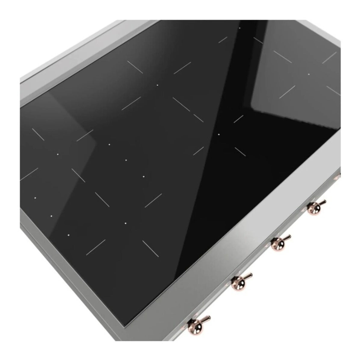 Built-in induction cooktop corner view: black glass top with 6 copper control knobs
