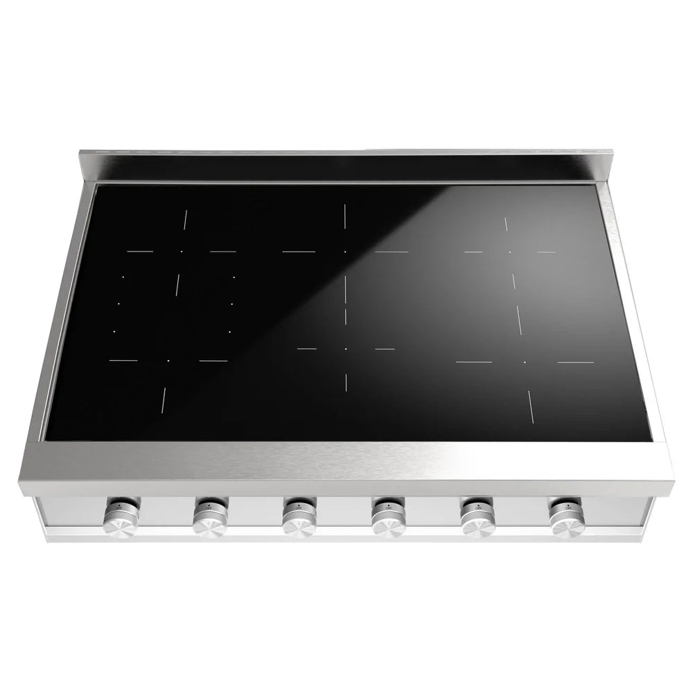 Stainless steel induction rangetop with black glass cooktop and control panel edge