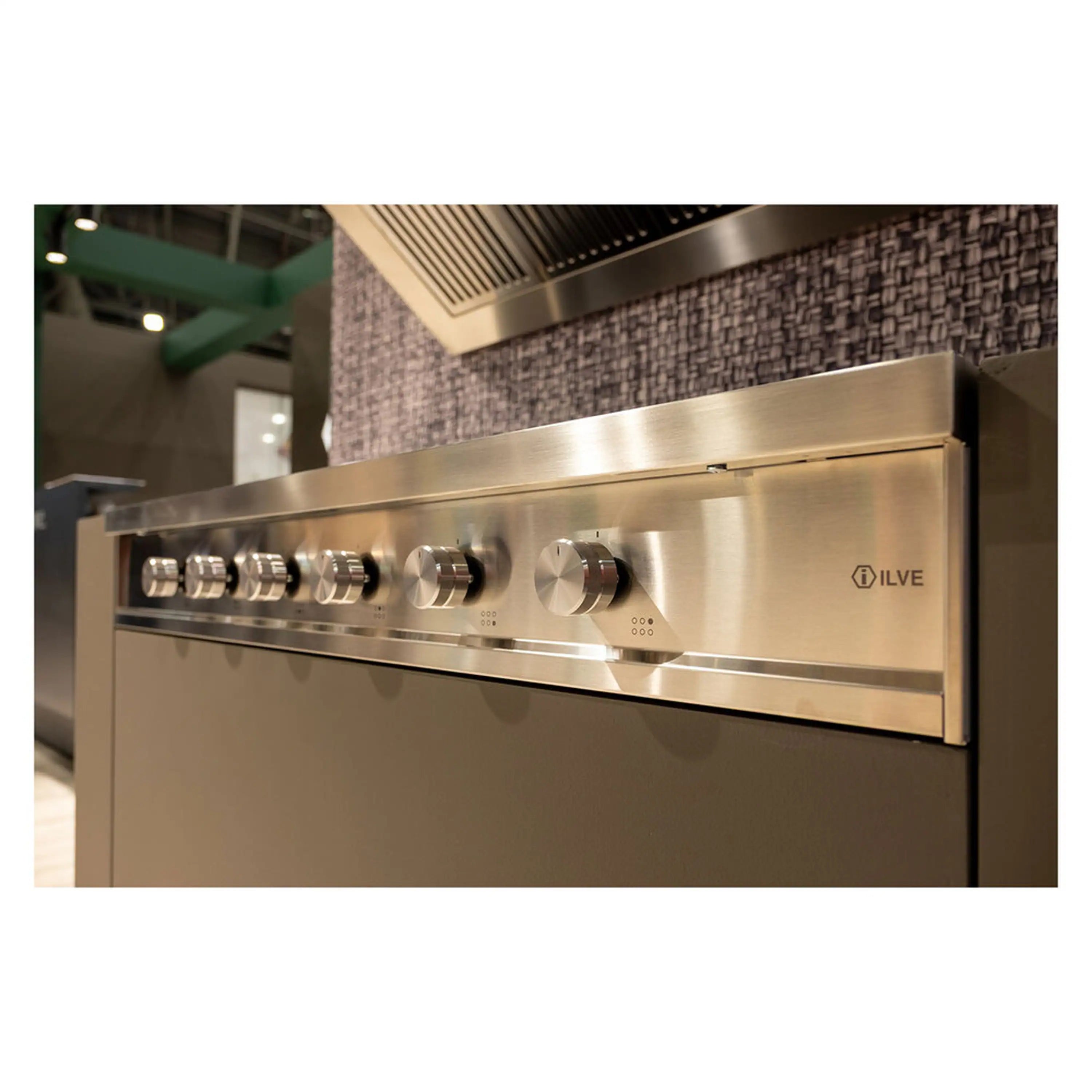 Stainless steel induction rangetop front with ILVE logo and five control knobs