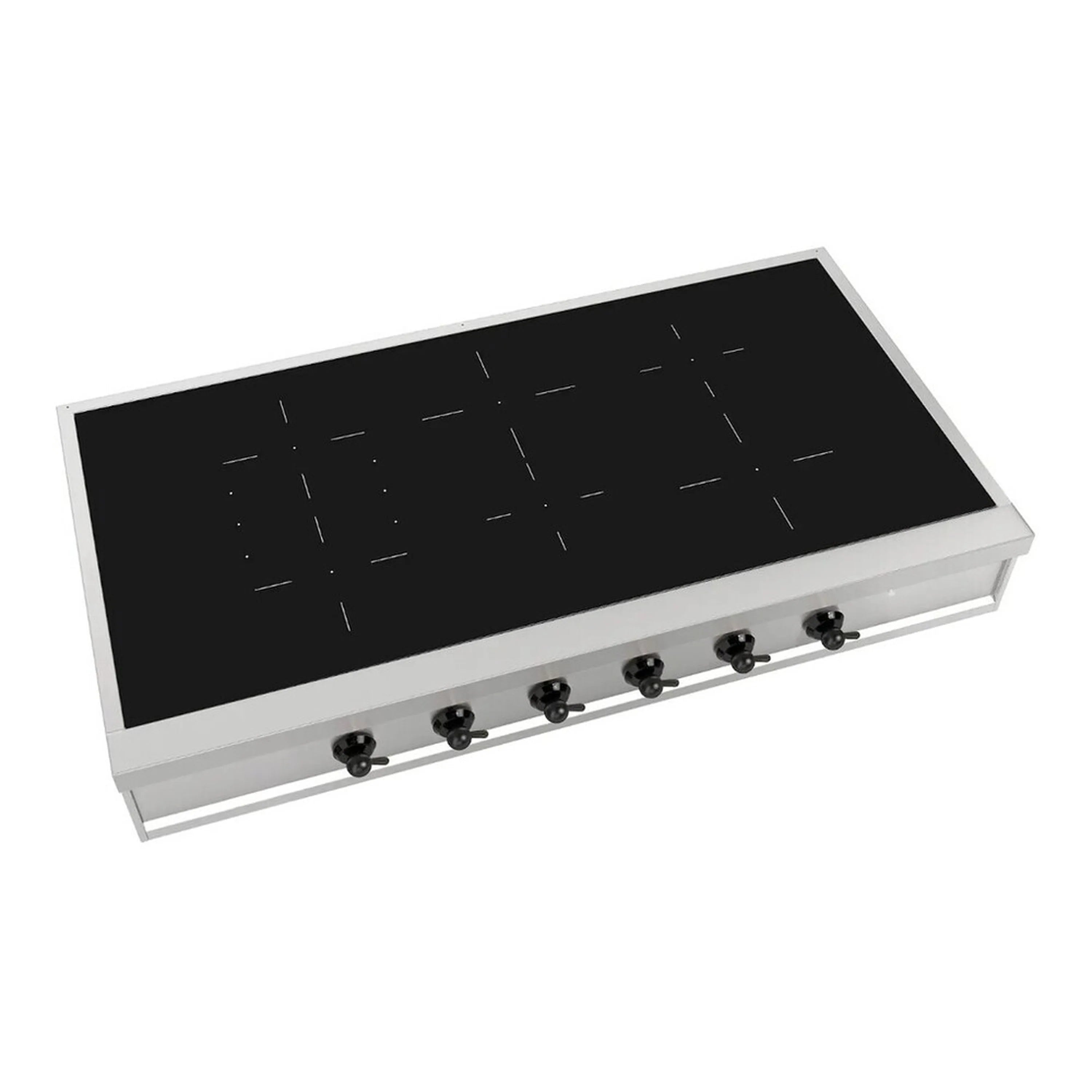 48 inch built-in induction cooktop with black glass top and six control knobs