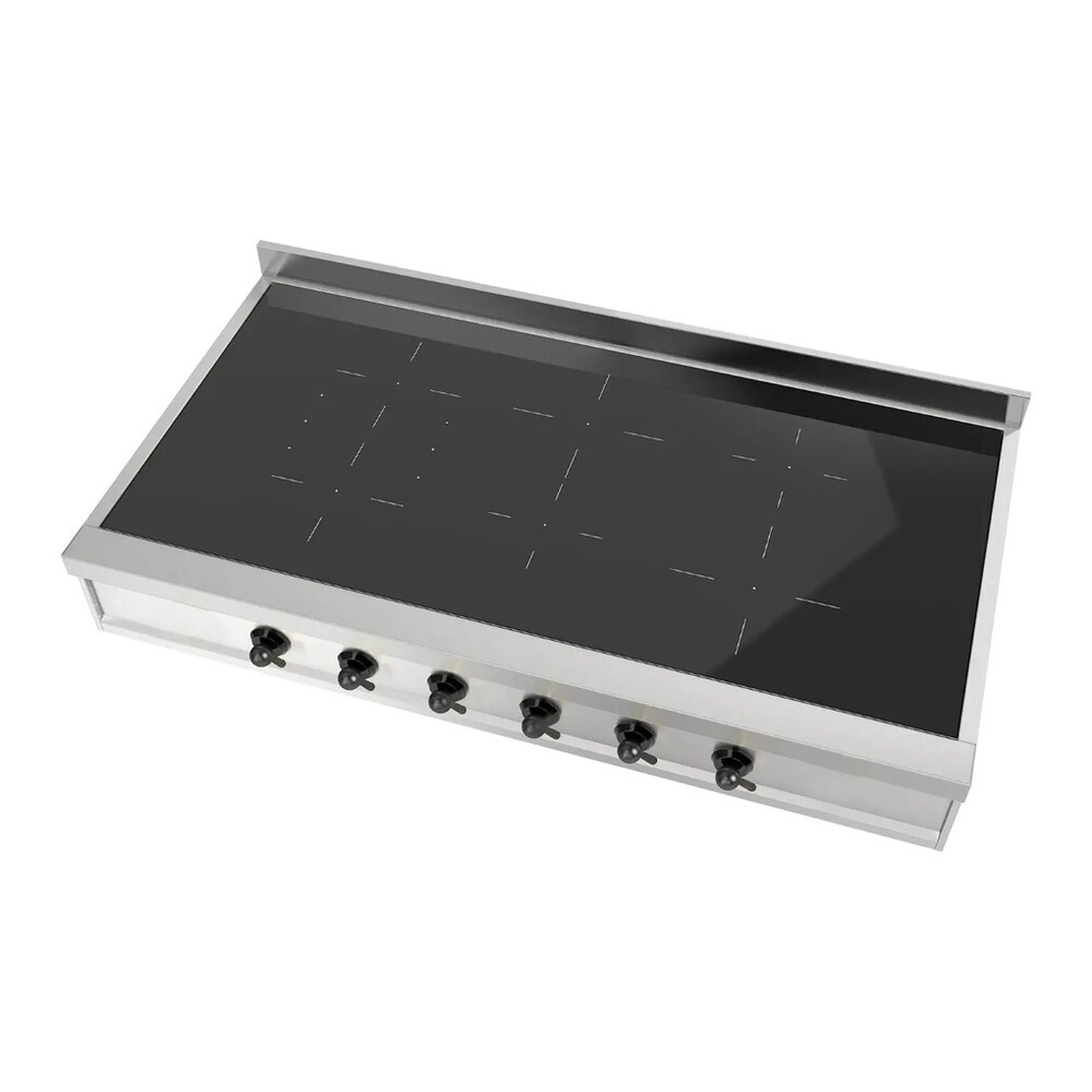 Built-in induction cooktop with black glass cooktop surface and six control knobs