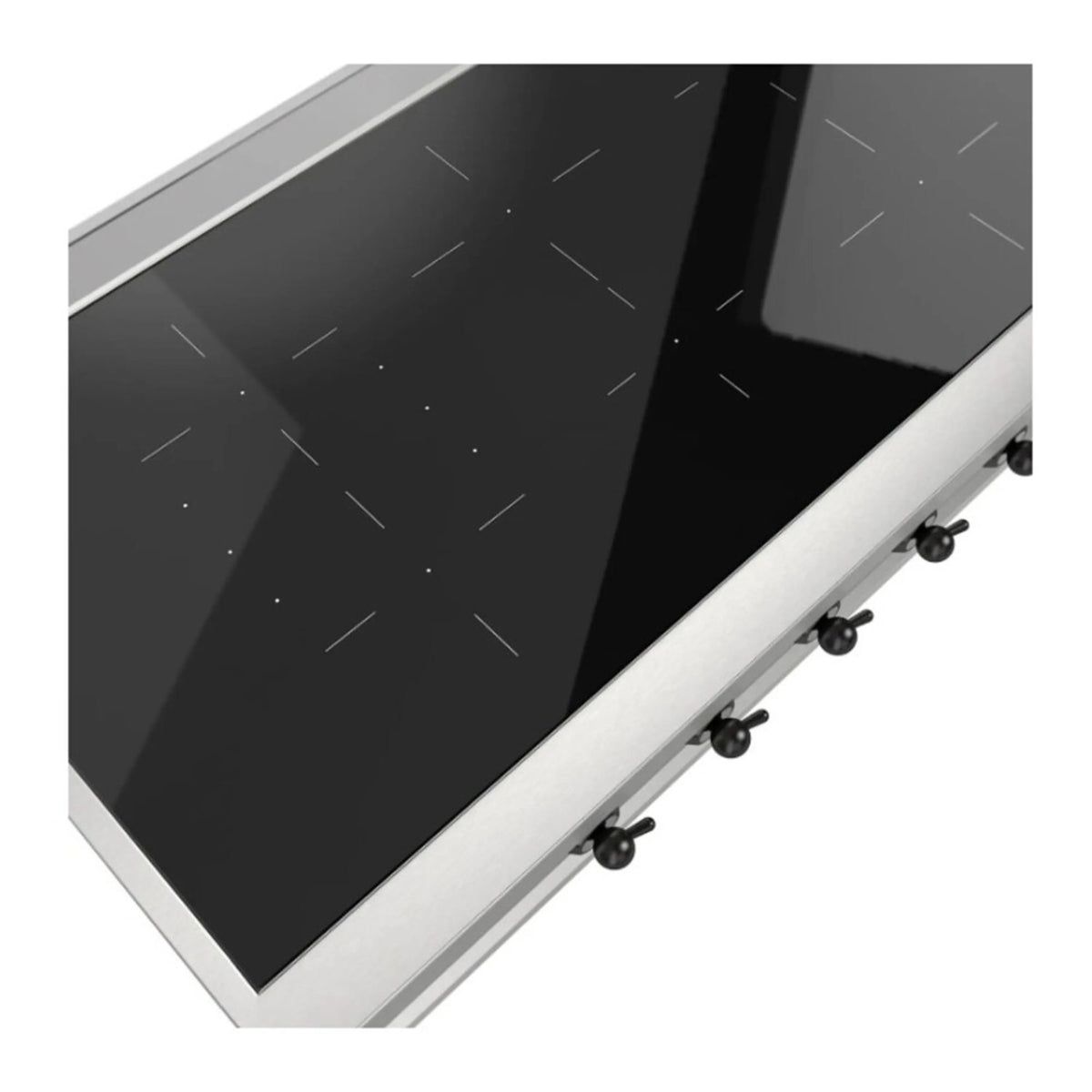 Induction cooktop corner with black glass surface, silver frame, and control knobs