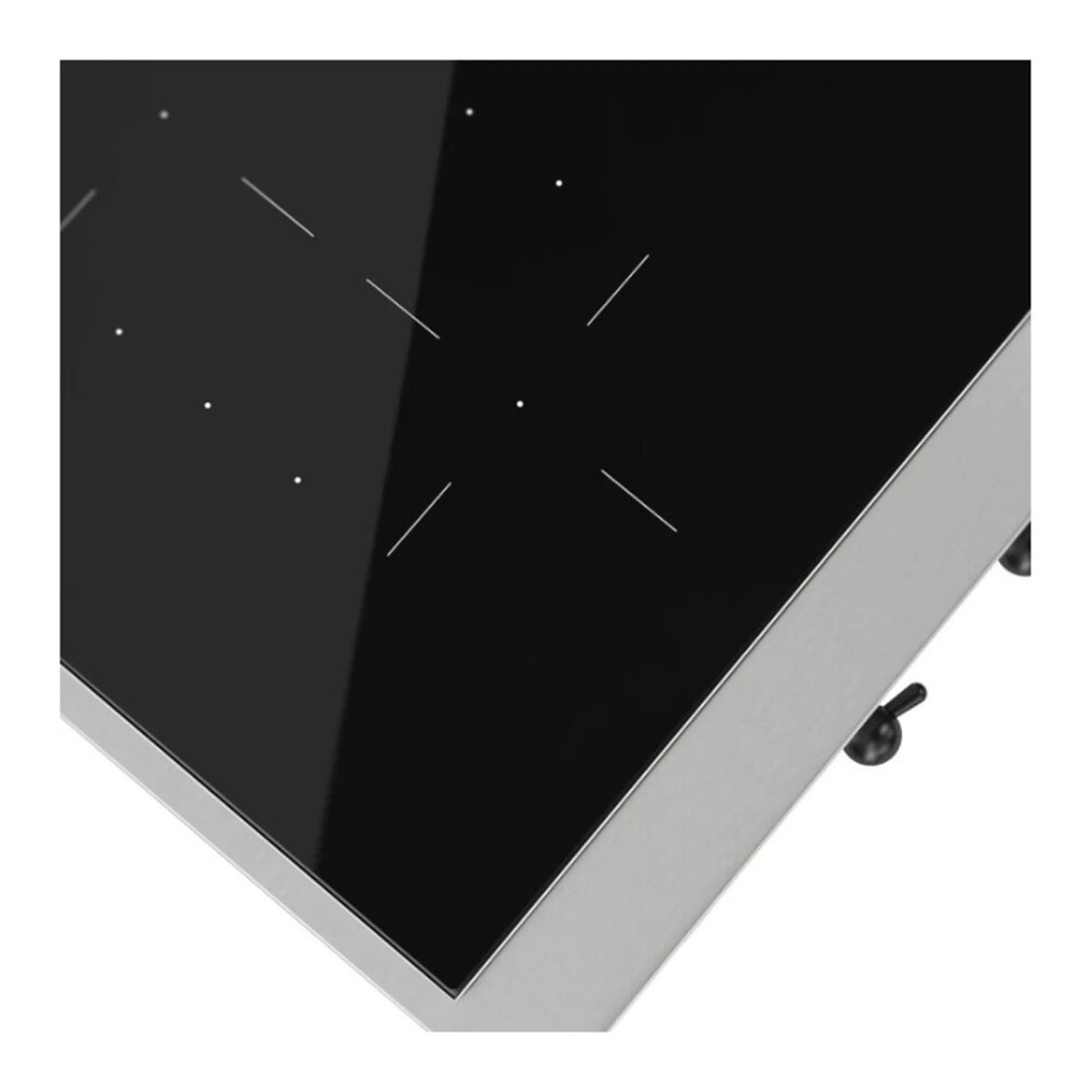 Induction cooktop black glass cooking surface with silver bezel and side edge
