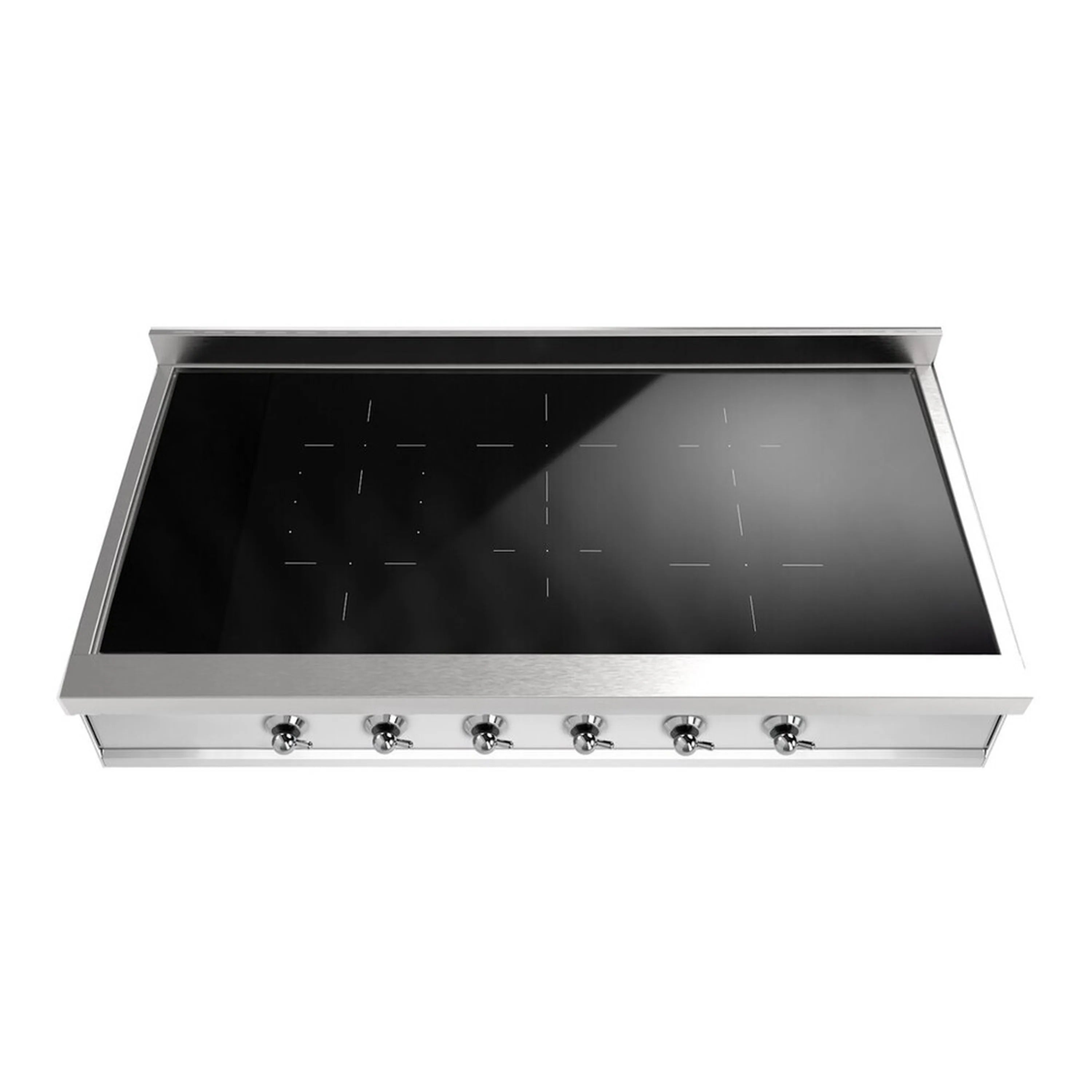 Built-in stainless steel induction cooktop with black glass surface and 6 front knobs
