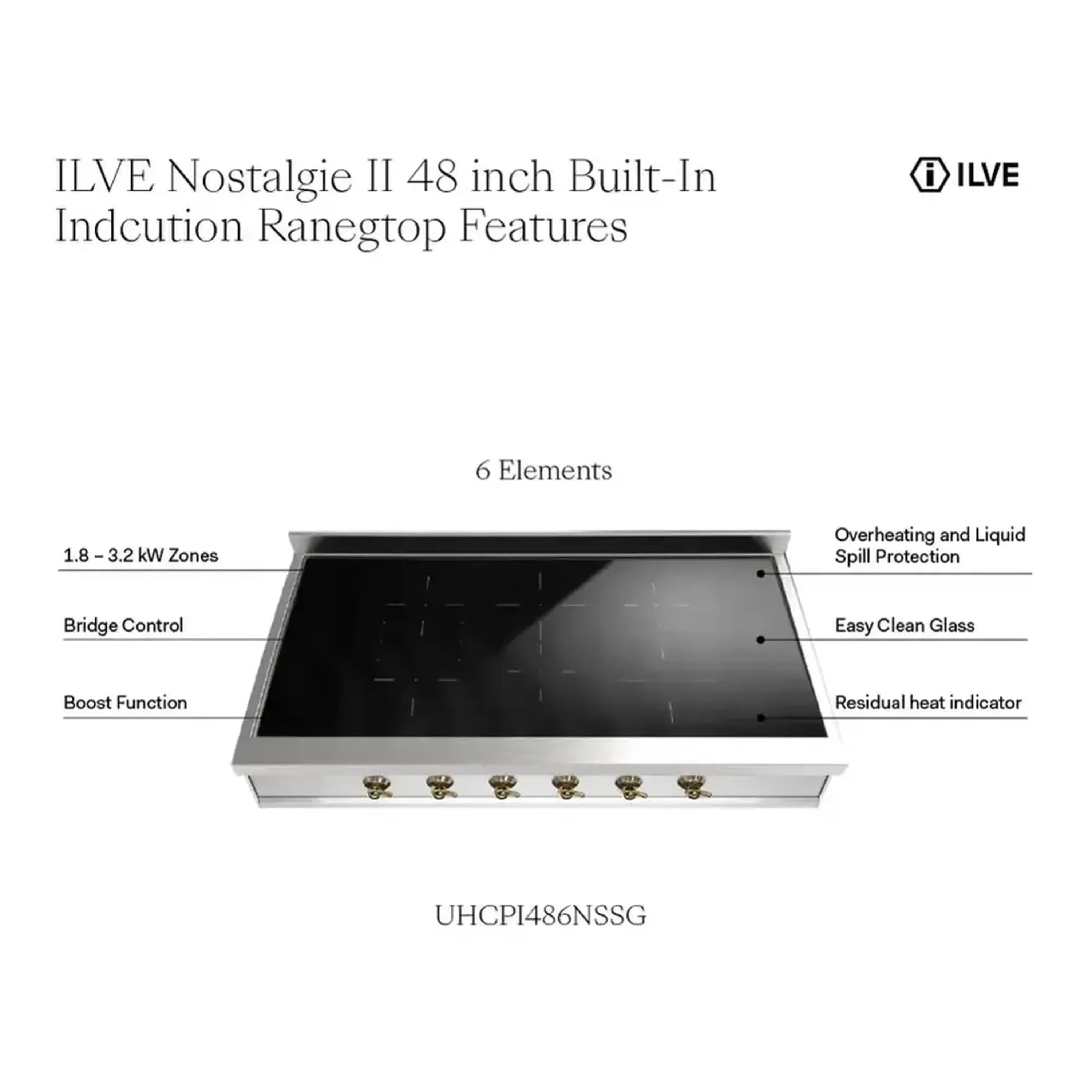 Built-in induction cooktop with black glass cooktop and 6-knob stainless steel front