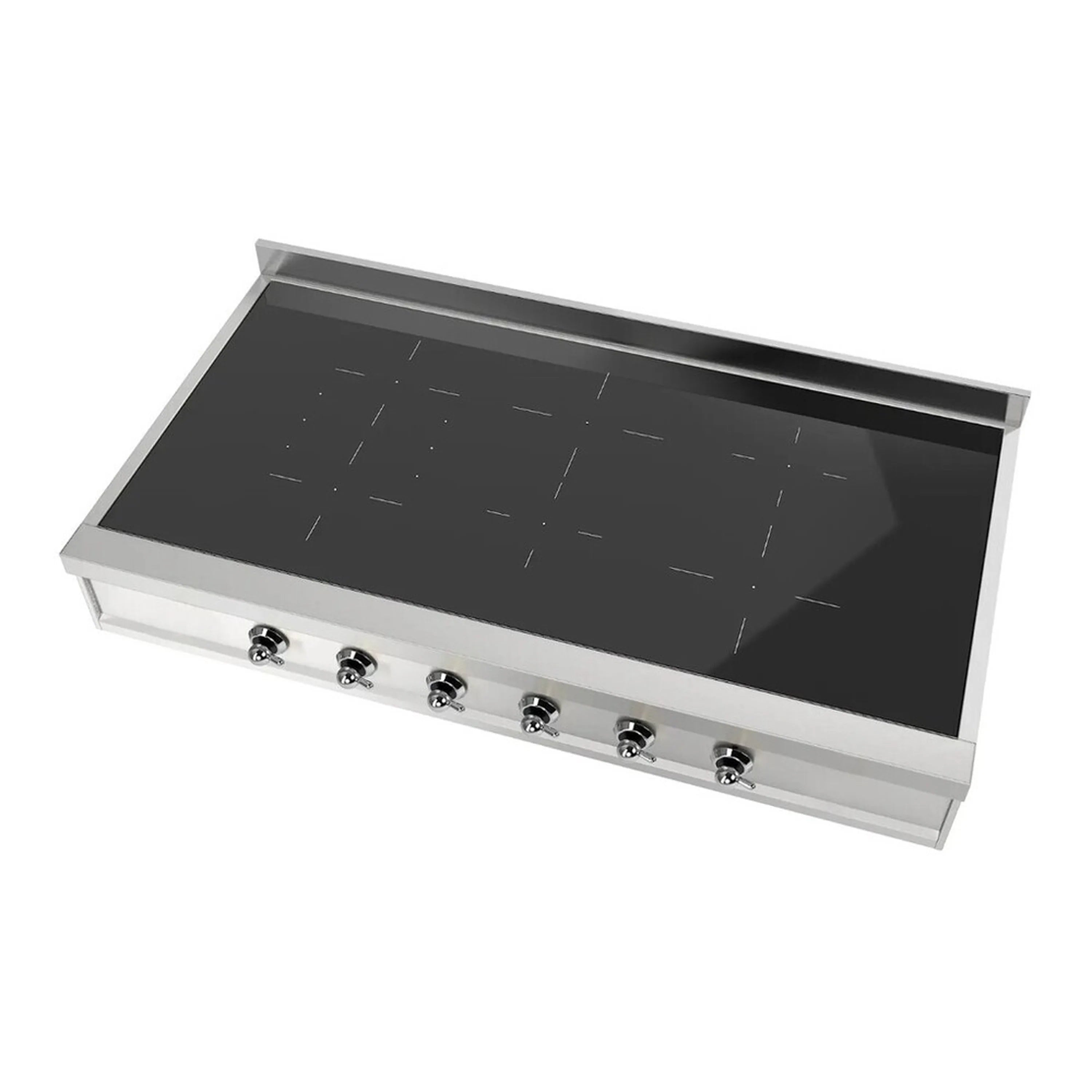 Built-in stainless steel induction cooktop with black glass cook surface and 6 knobs
