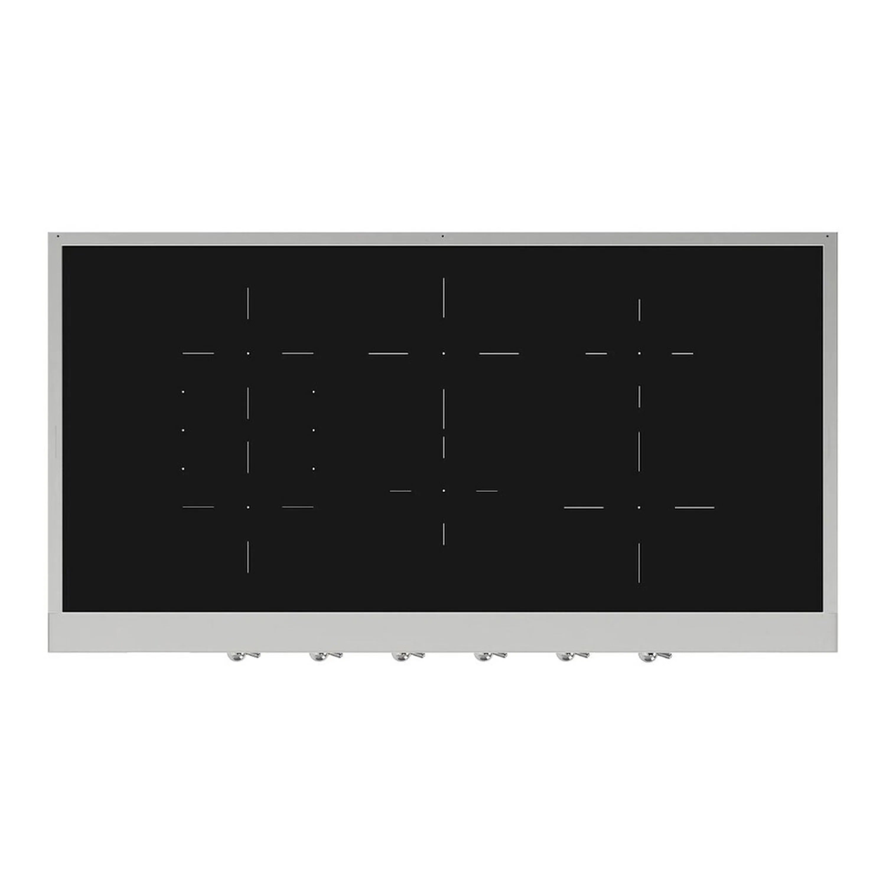 Black glass induction cooktop panel with control area and stainless steel frame