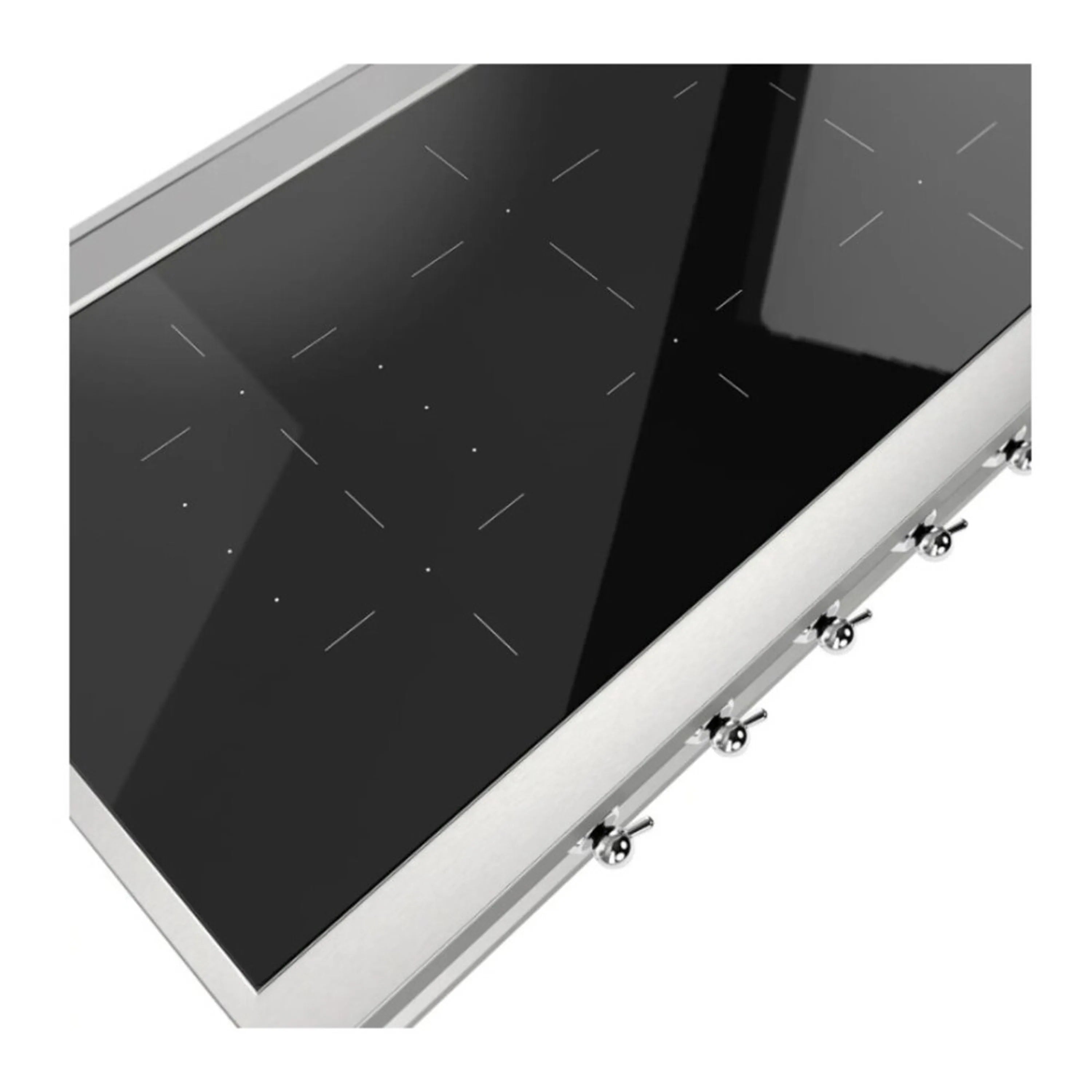 Close view of black glass induction cooktop with stainless steel edge and 6 knobs