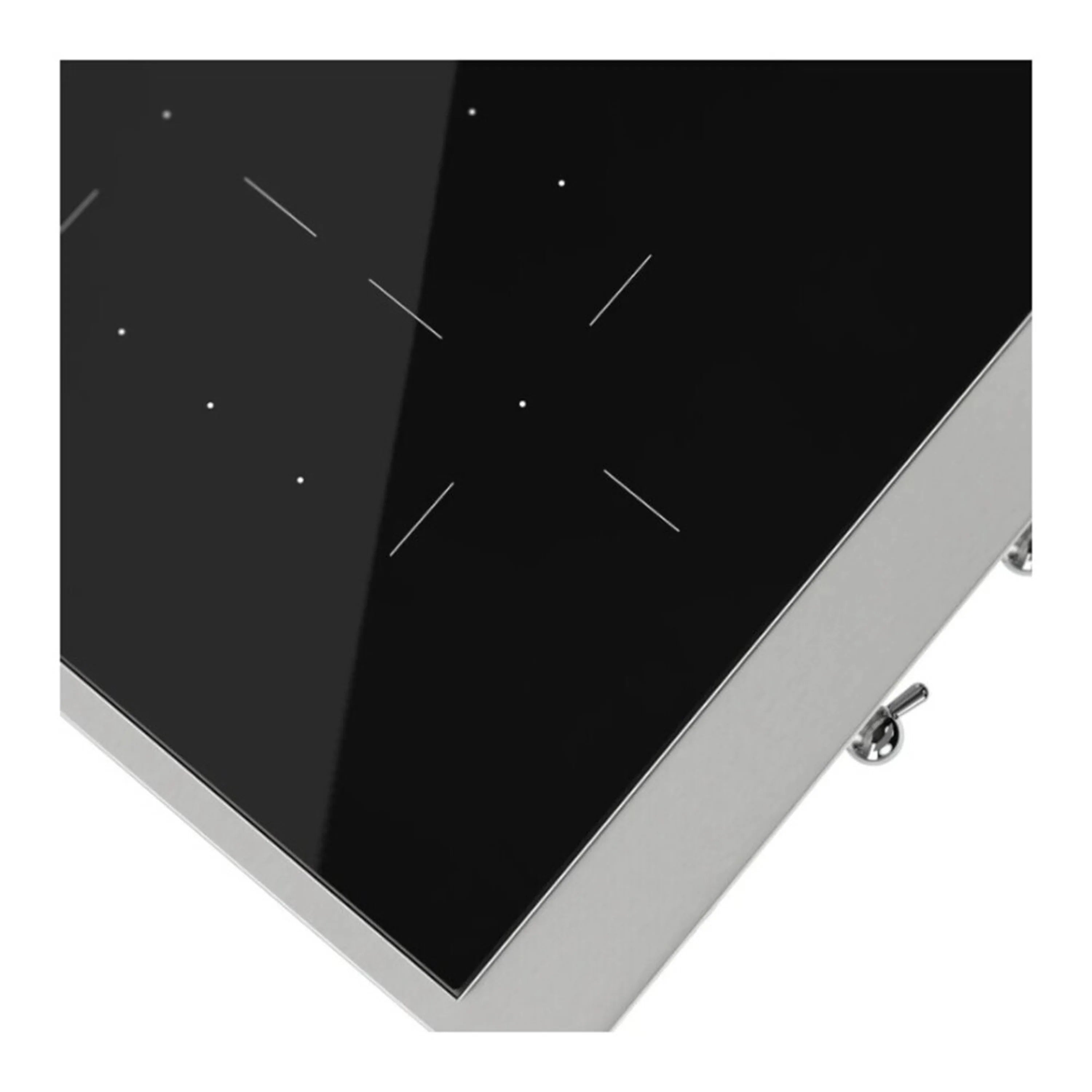 Corner view of black glass induction cooktop with stainless steel frame and knob controls
