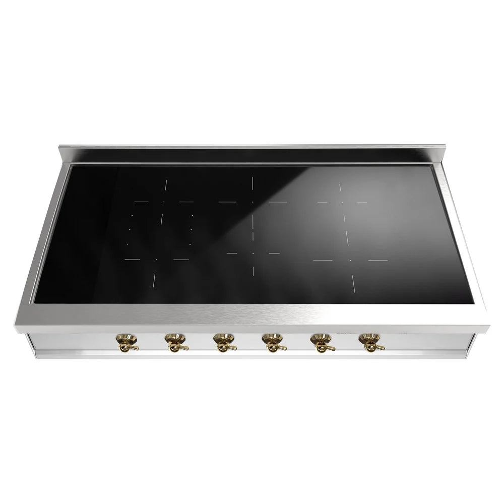 Stainless steel induction rangetop with black glass cooktop and row of control knobs