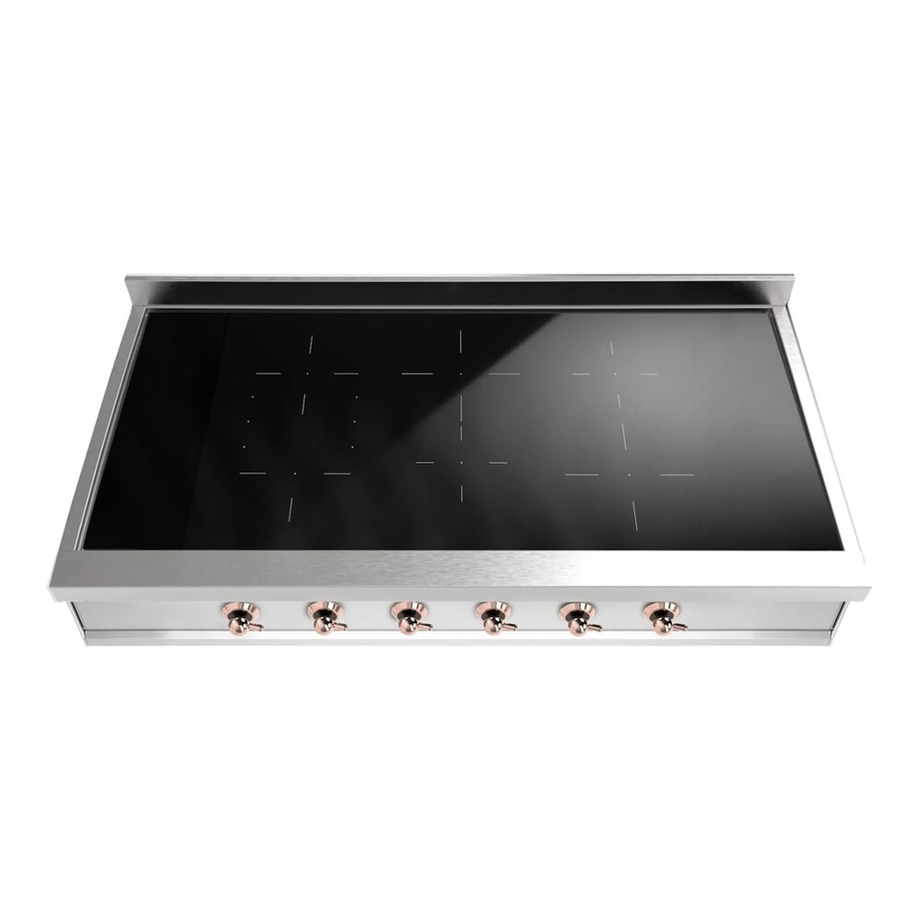 Built-in induction rangetop with black glass cooktop and 6 copper-finish knobs