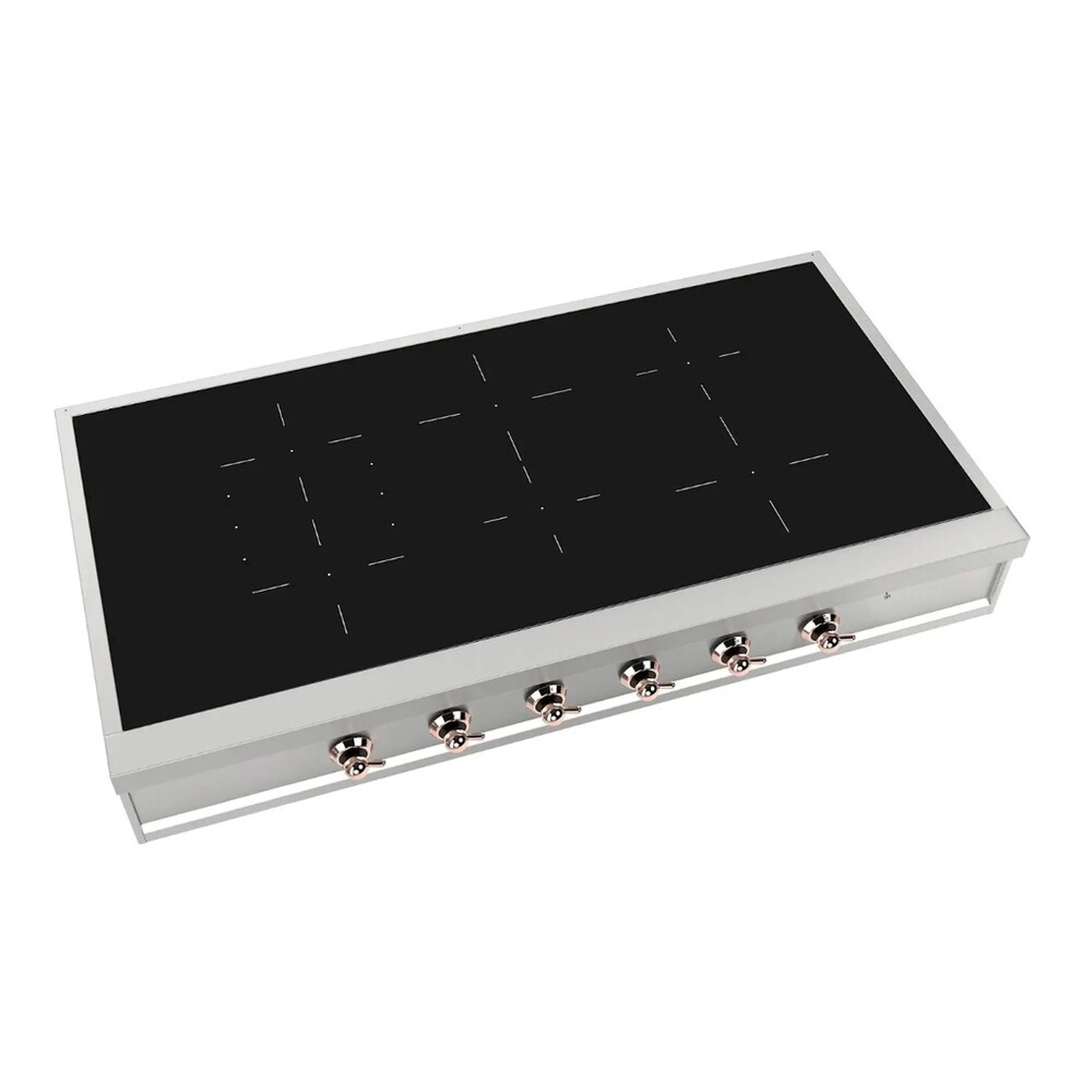 Built-in induction rangetop, black glass cooktop with 6 control knobs along bottom