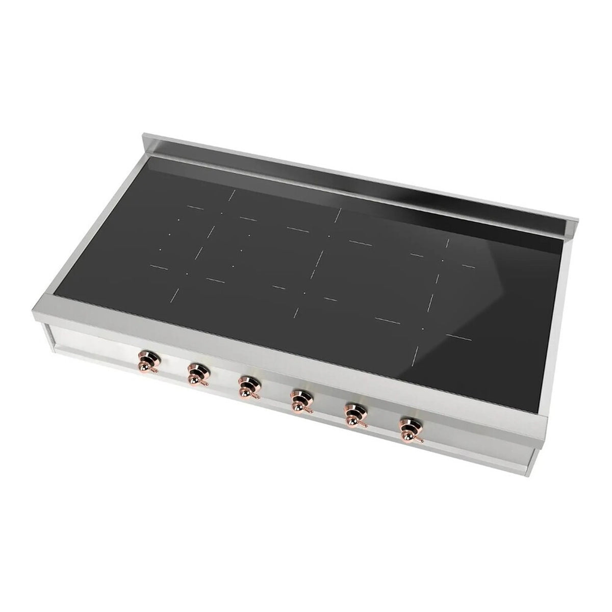 Built-in induction cooktop with black glass surface and six knob controls on front