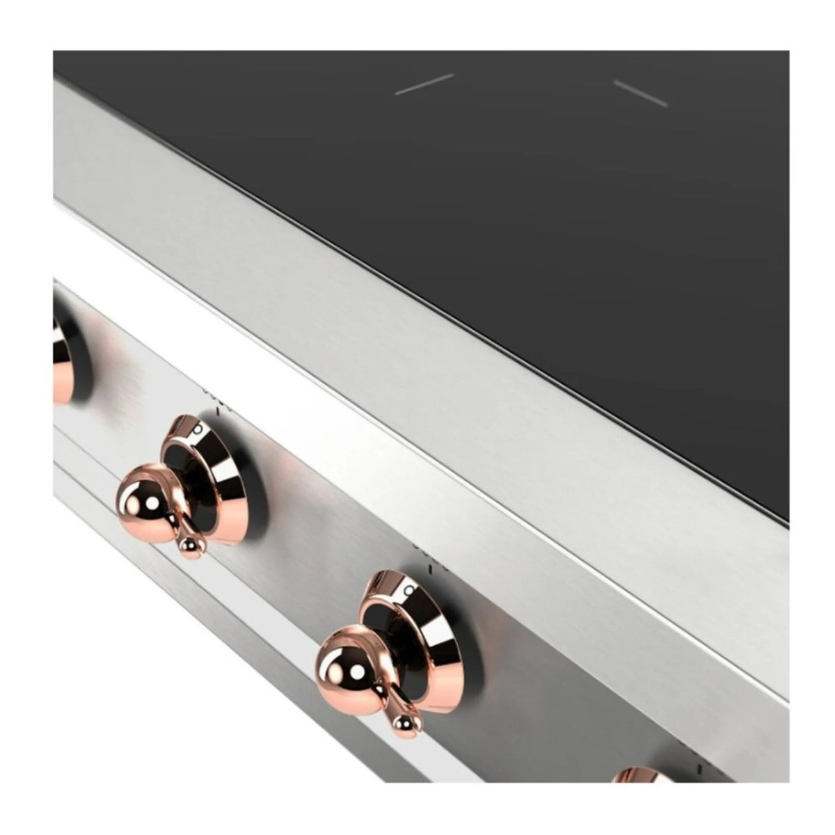 Front view detail: stainless face with copper-finish control knobs for induction elements