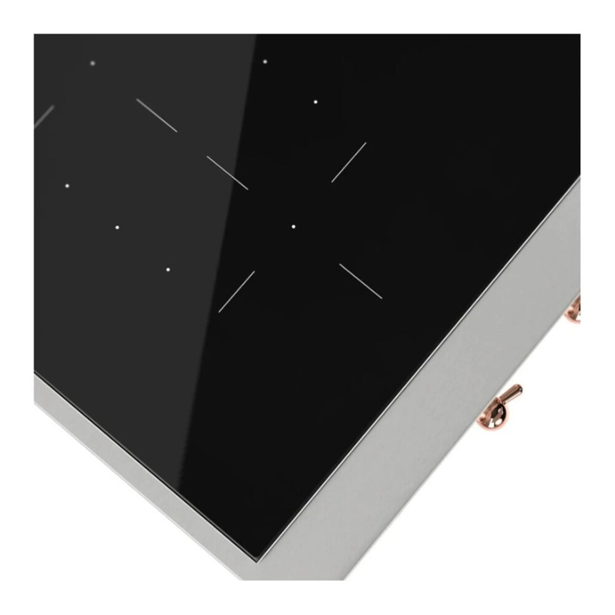 Corner close-up of built-in induction cooktop with black glass surface and stainless frame