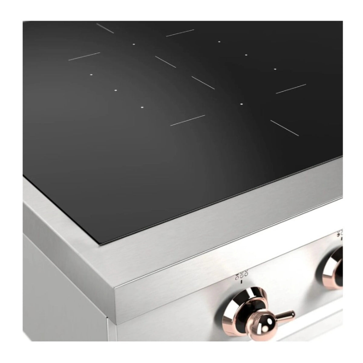 Induction cooktop close-up showing black glass and stainless housing with copper knob