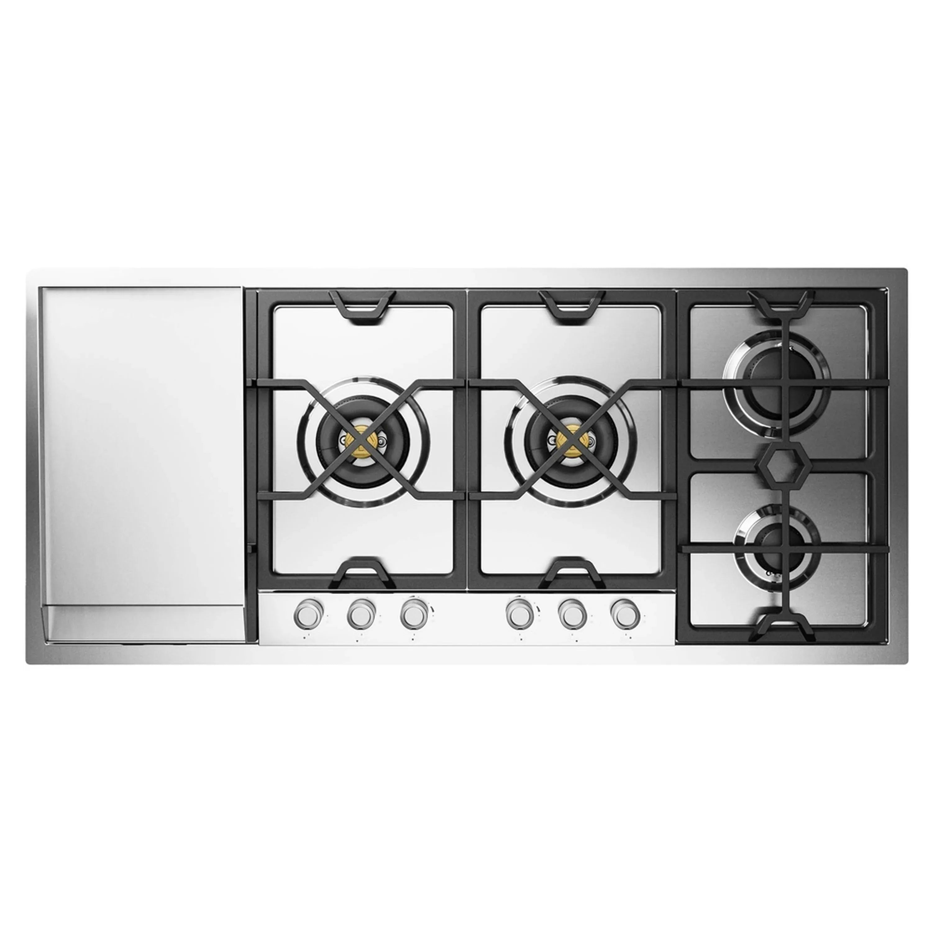 Built-in stainless steel gas cooktop with four sealed burners and control knobs