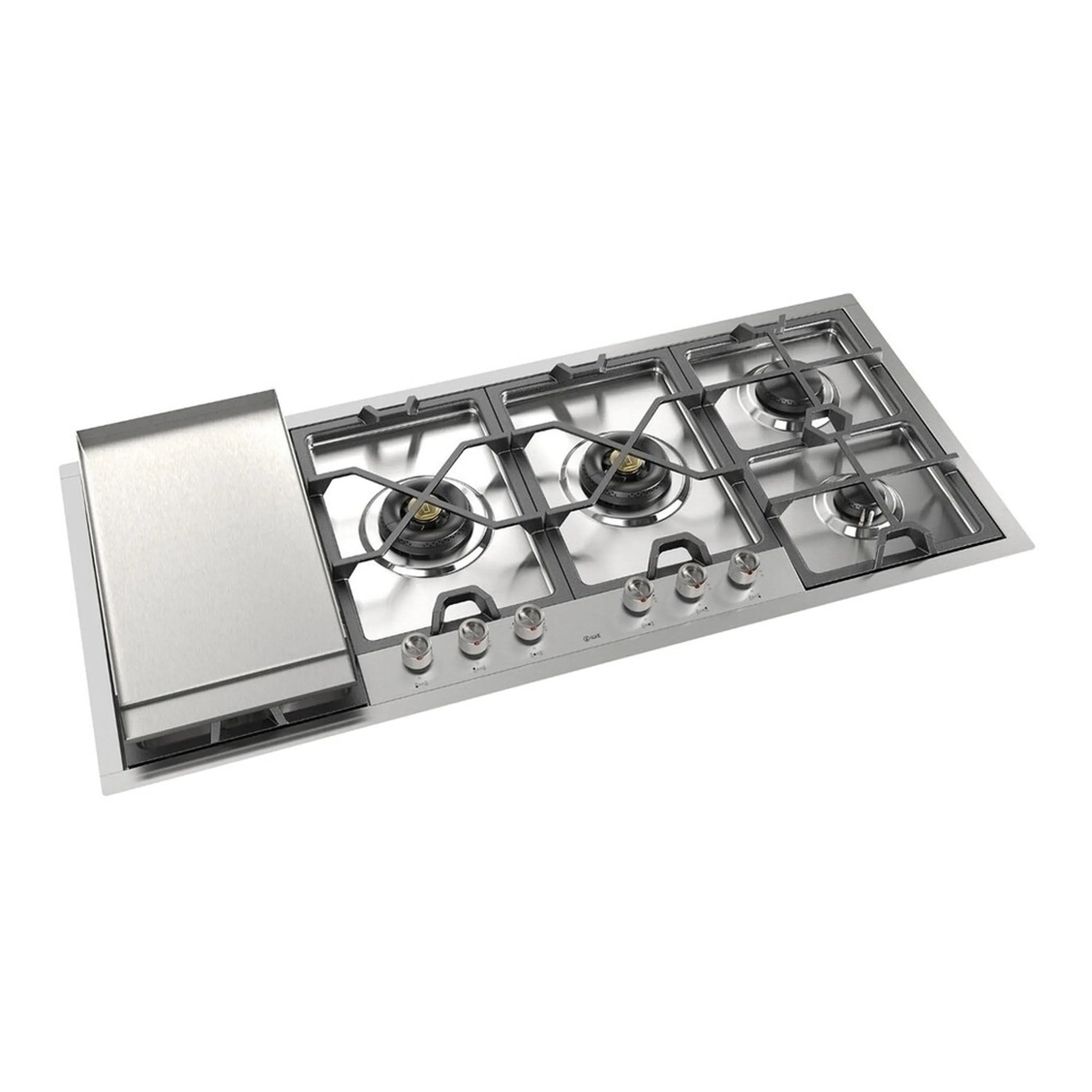 Stainless steel gas cooktop with four burners, black grates, and stainless control panel