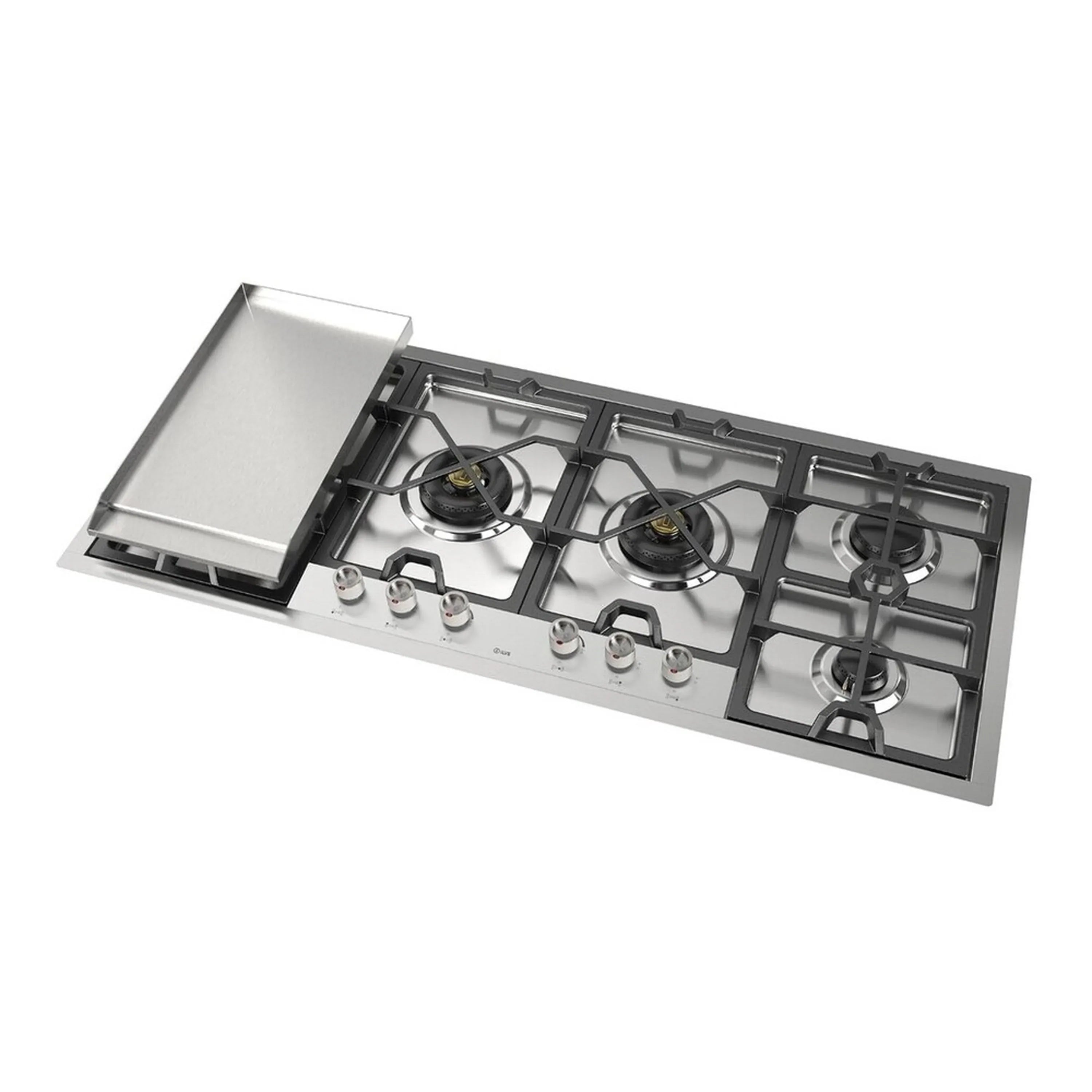 Stainless built-in gas cooktop with four burners and black grates