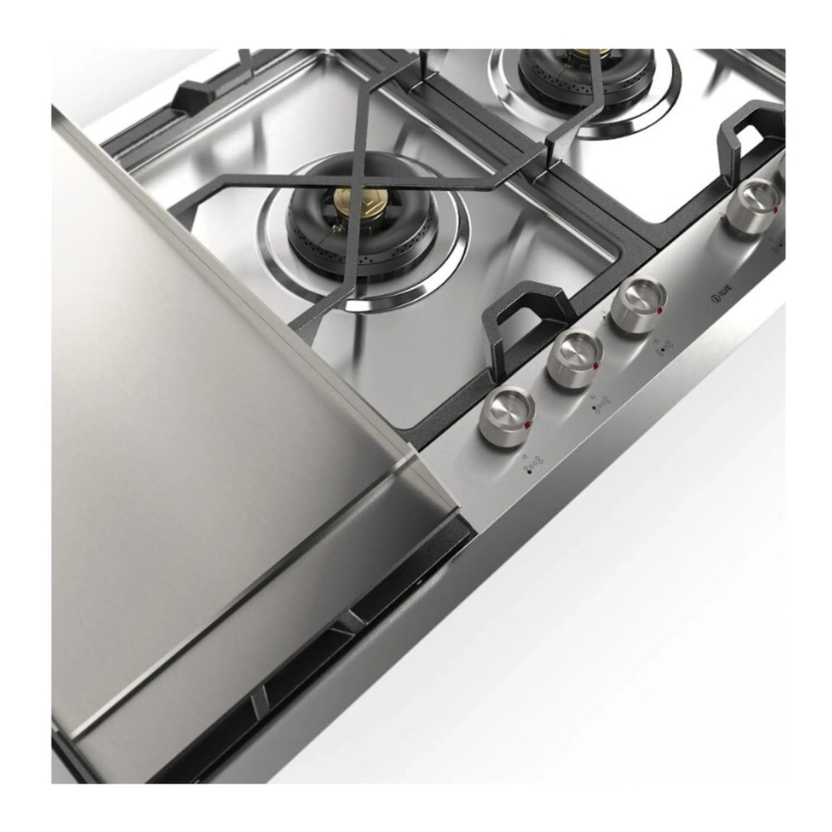 Stainless gas cooktop close-up of burner grates and front control knobs