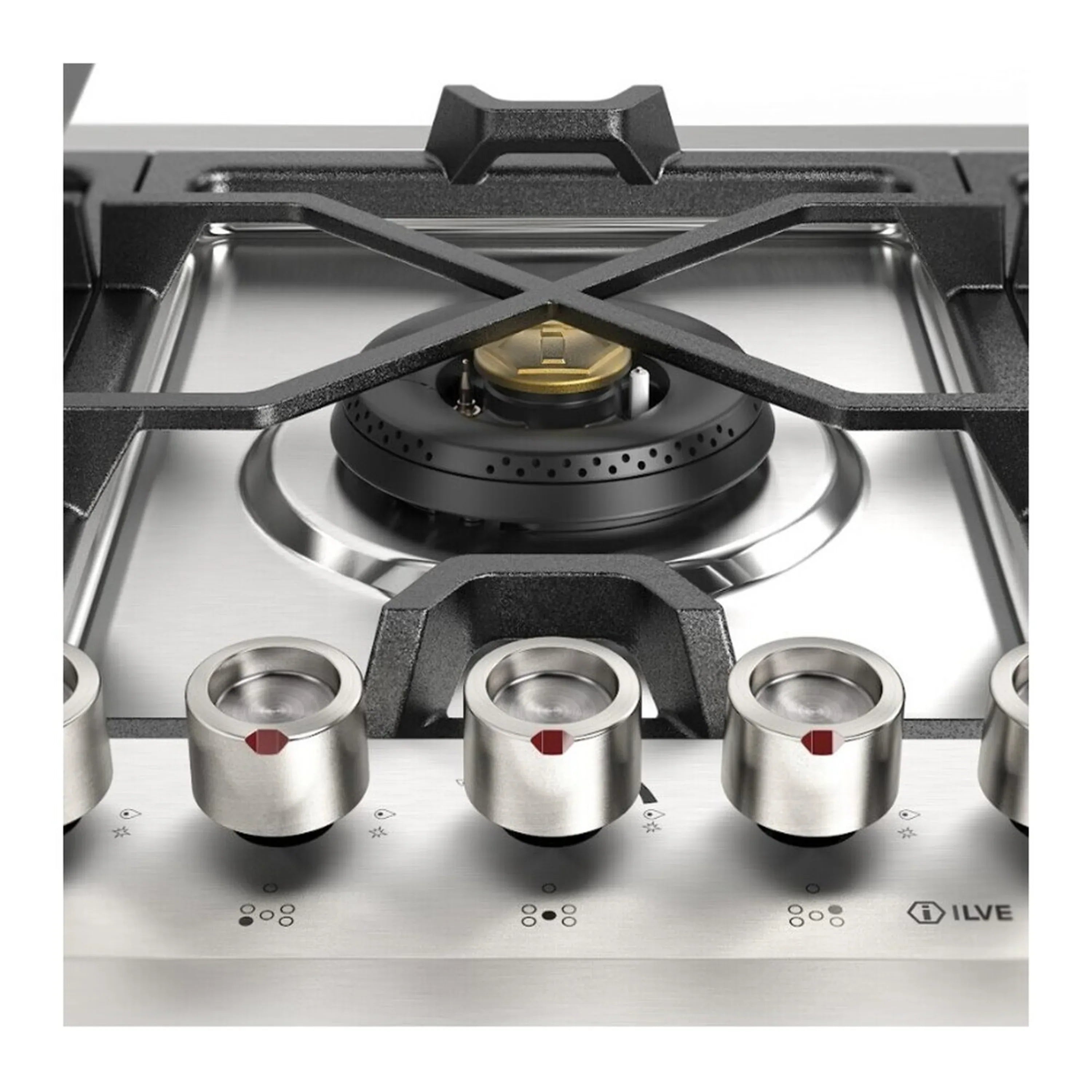 Center burner with black cross grate and stainless control knobs