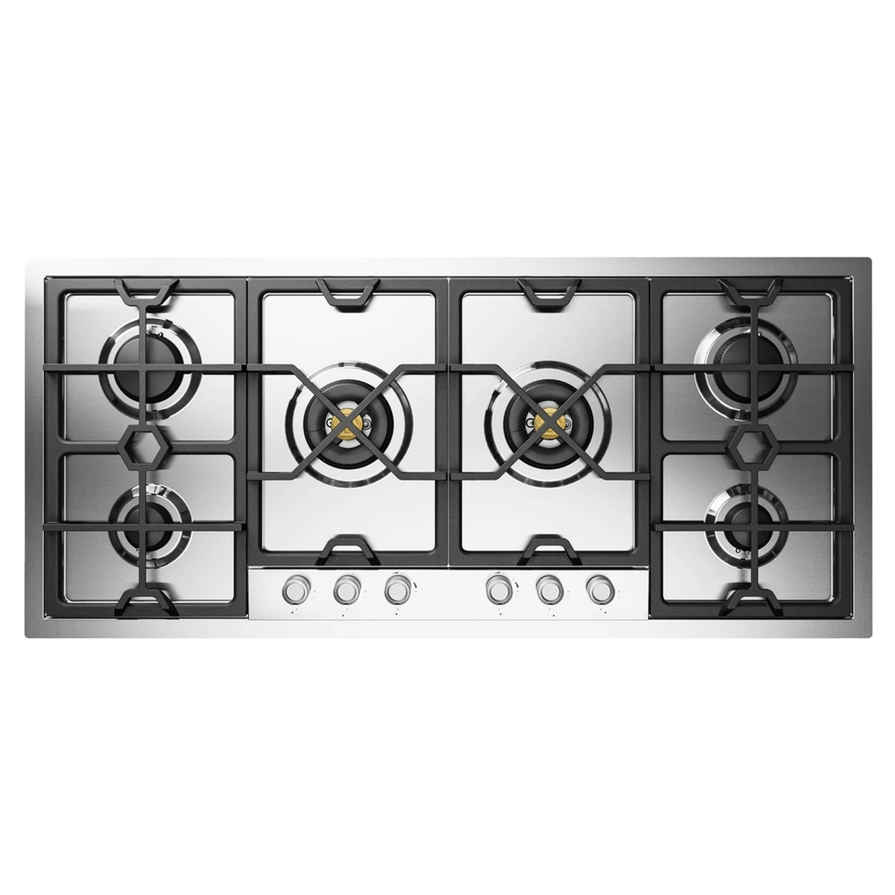 Stainless steel built-in gas cooktop front view with 6 burners and black cast grates