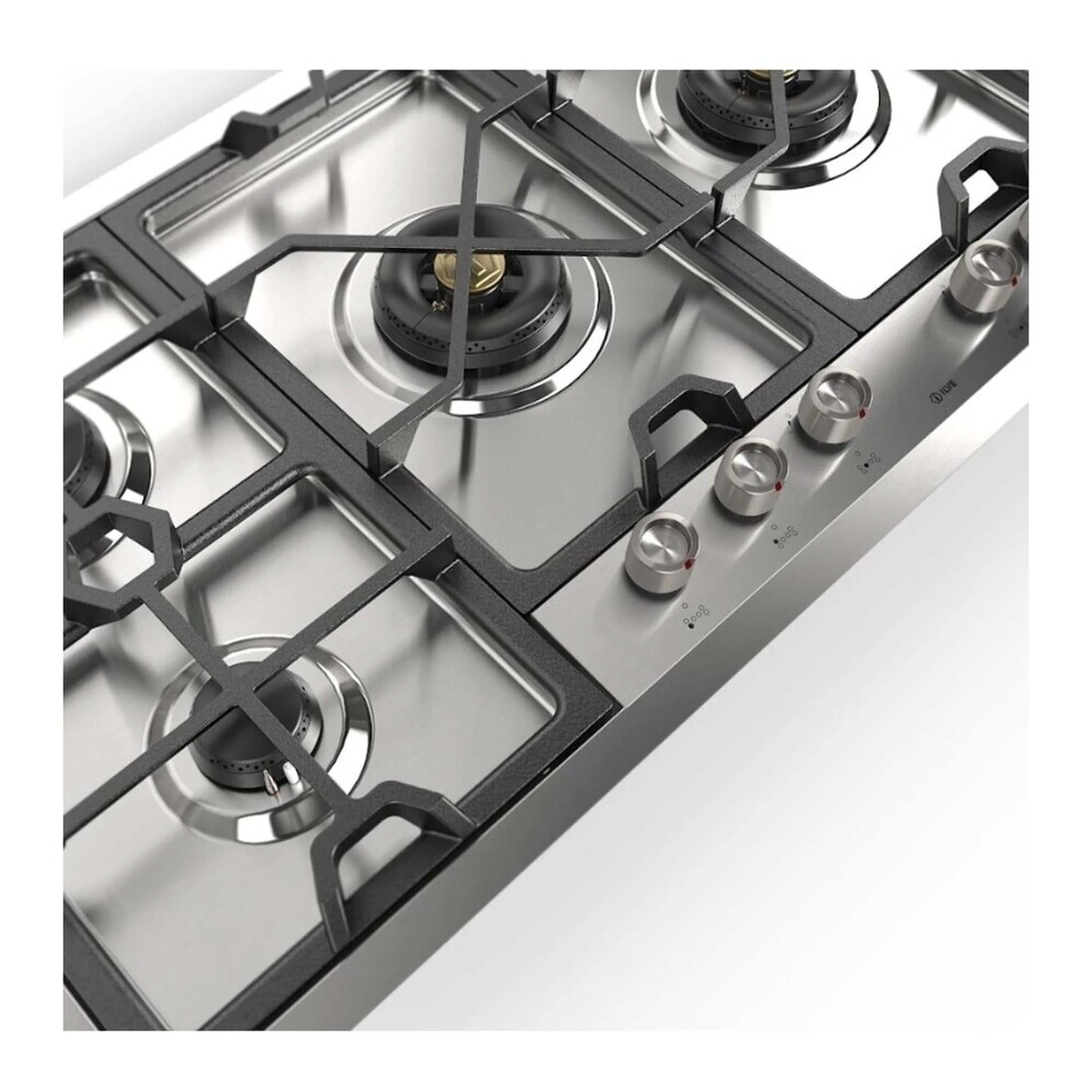 Stainless steel gas cooktop burner grates with control knobs and stainless control panel