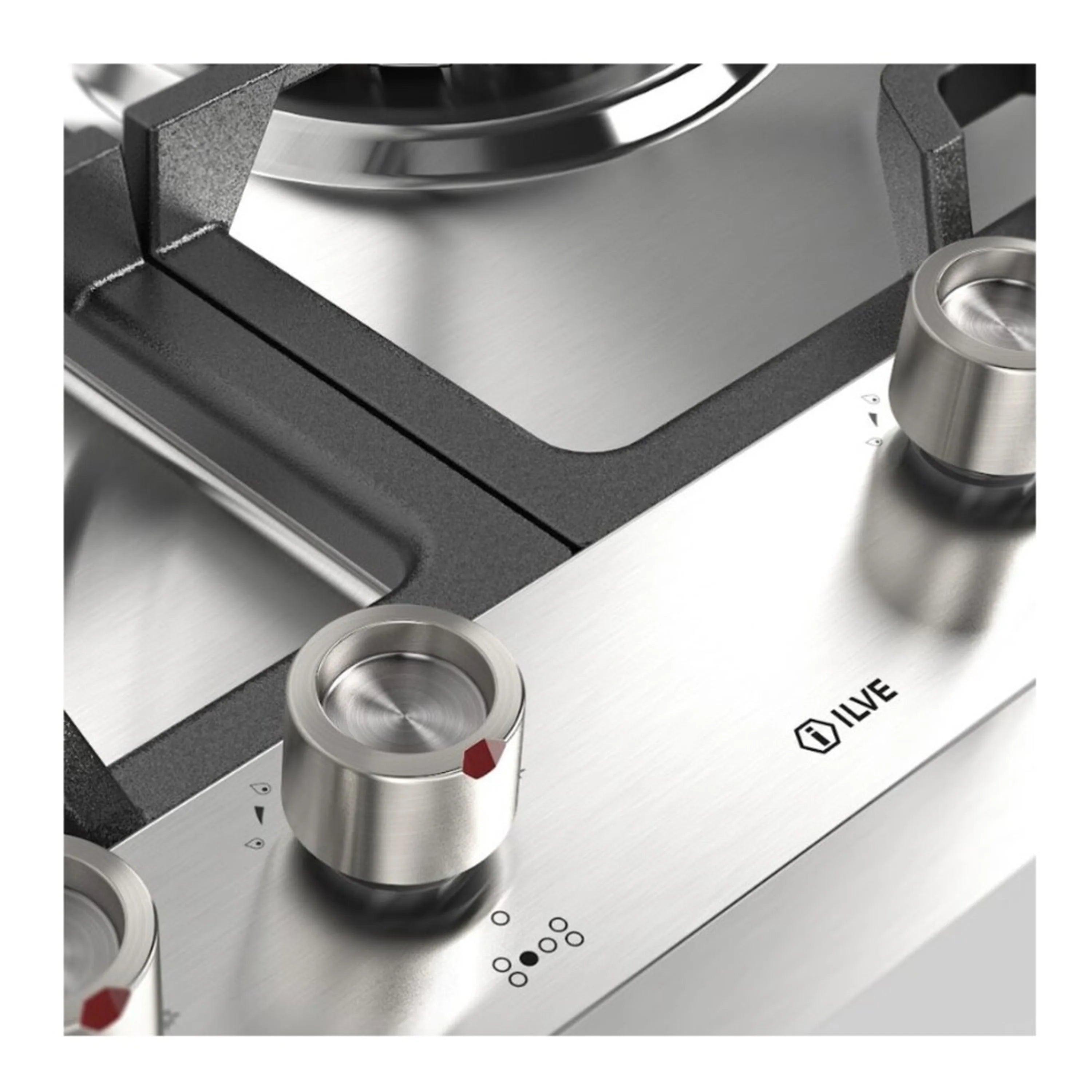 Stainless steel built-in gas cooktop with black burner ring and front control knob
