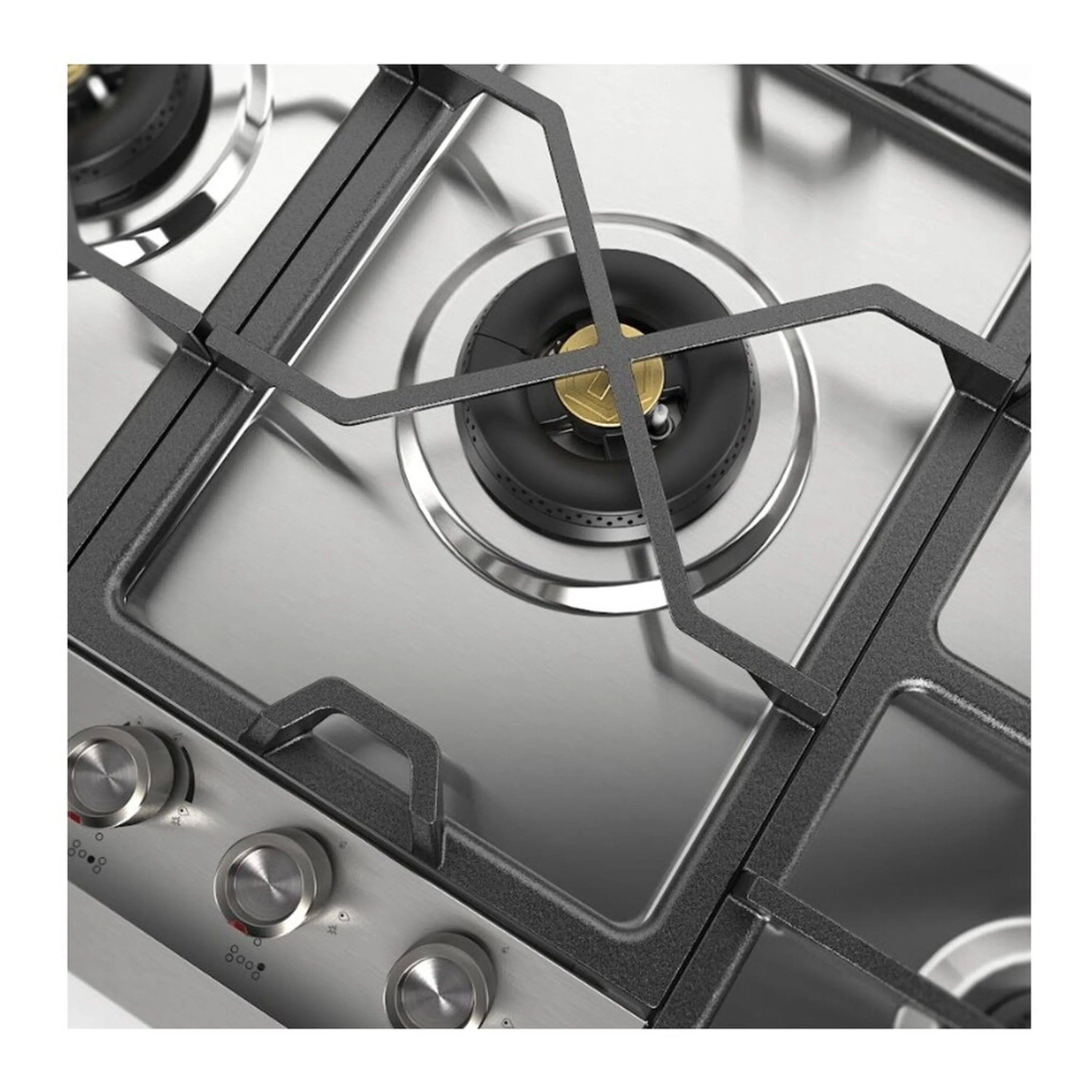 Stainless steel gas cooktop showing a single black burner with cross metal grate