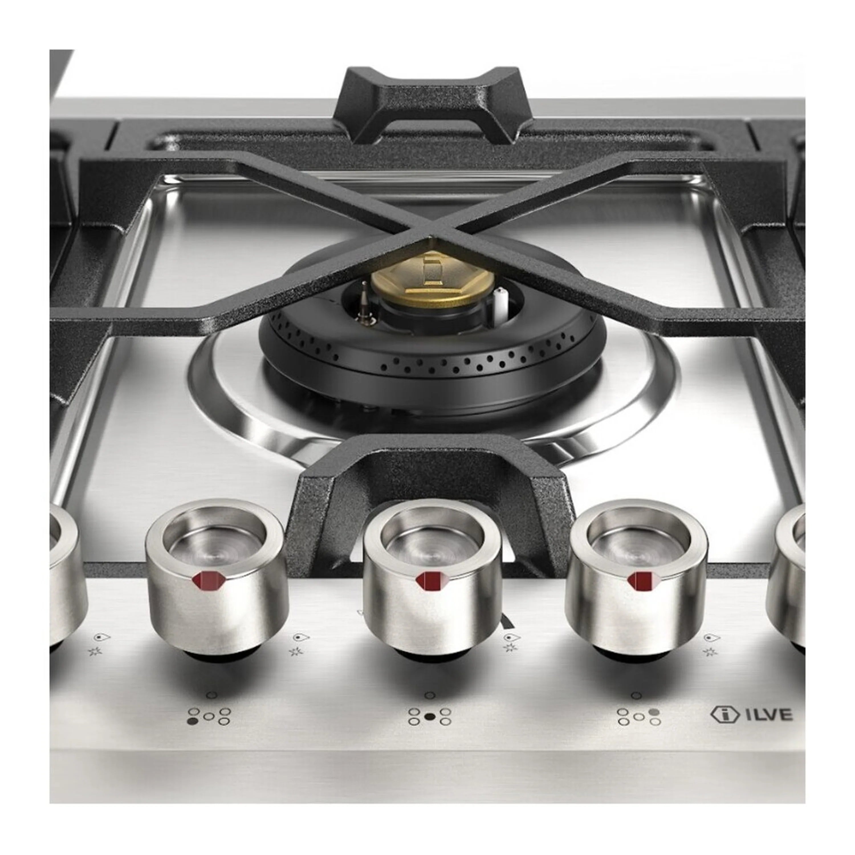 Stainless steel built-in gas cooktop showing center burner and 4 front control knobs