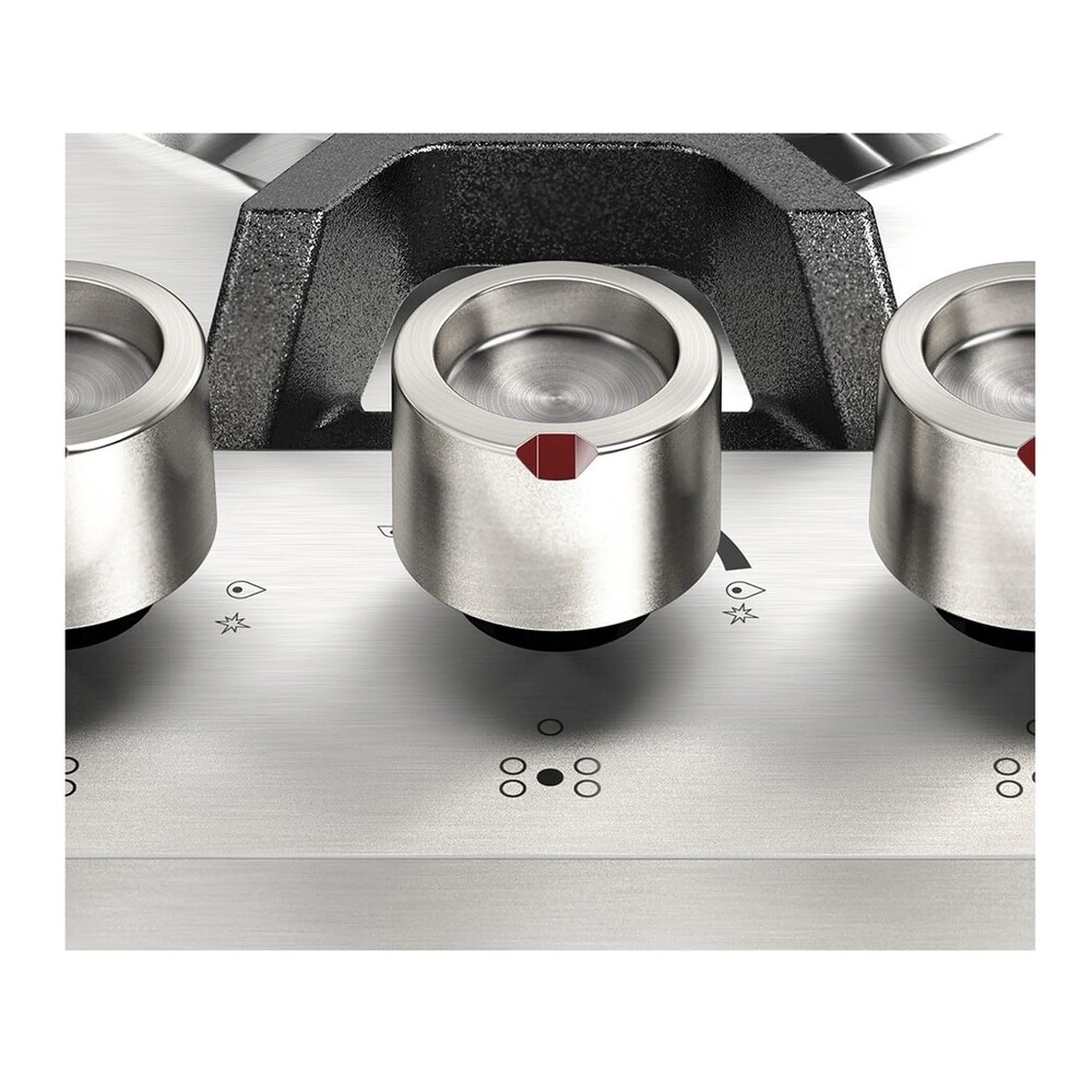 Stainless steel gas cooktop front panel with three round metal control knobs
