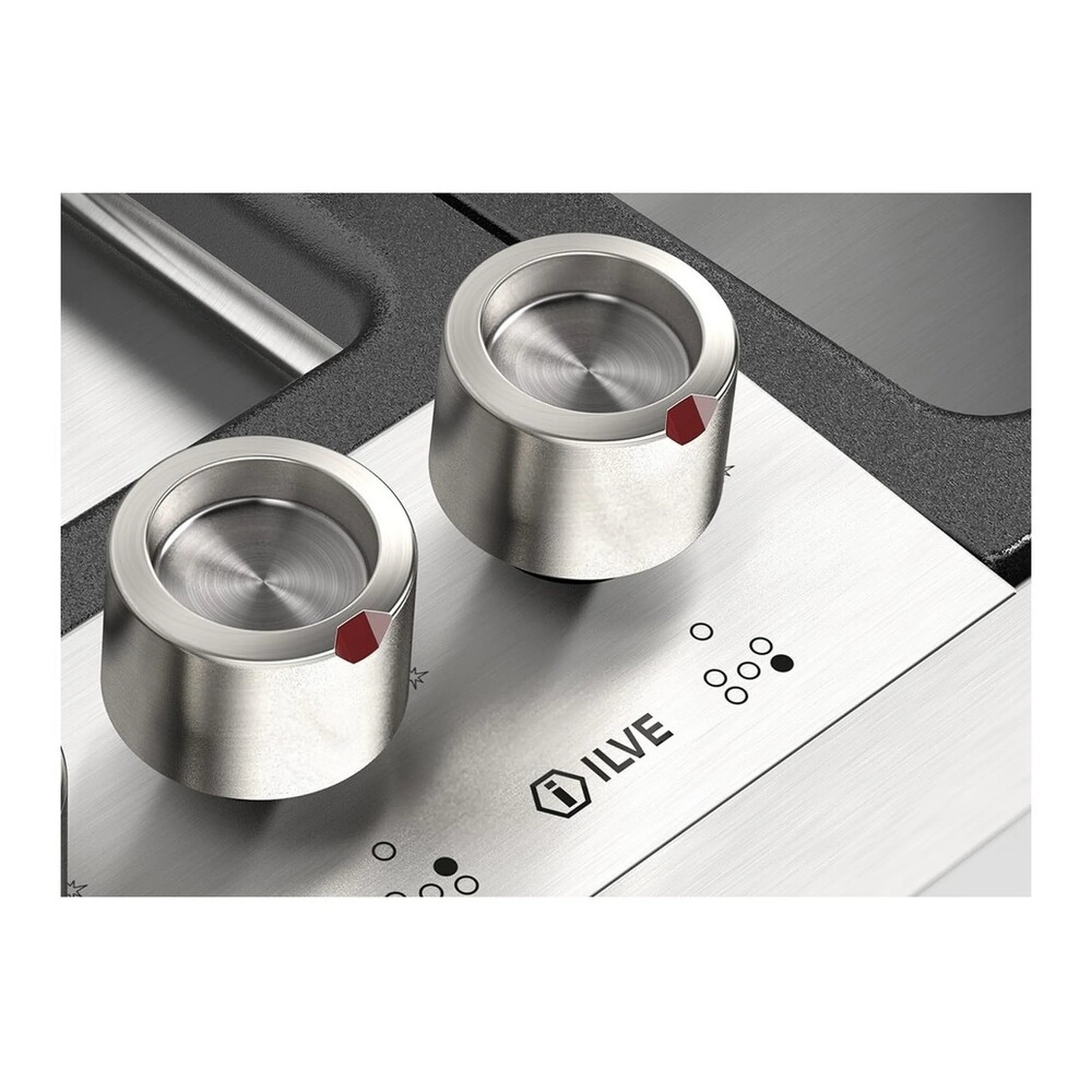 Stainless steel gas cooktop with two round metal control knobs on front panel