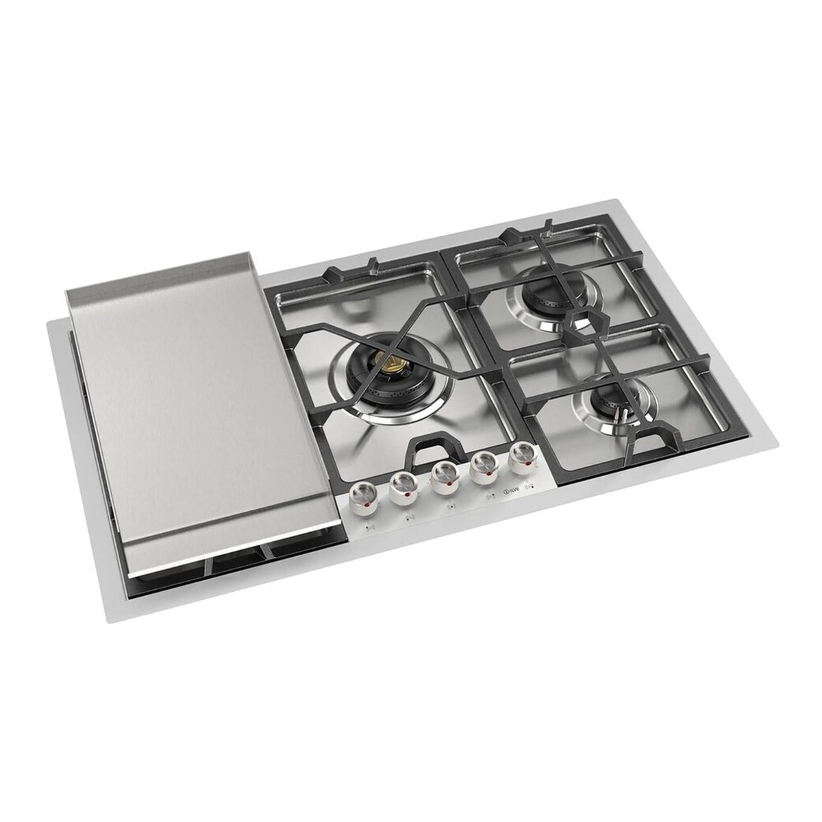 Stainless steel built-in gas cooktop with griddle cover raised and five burner grates