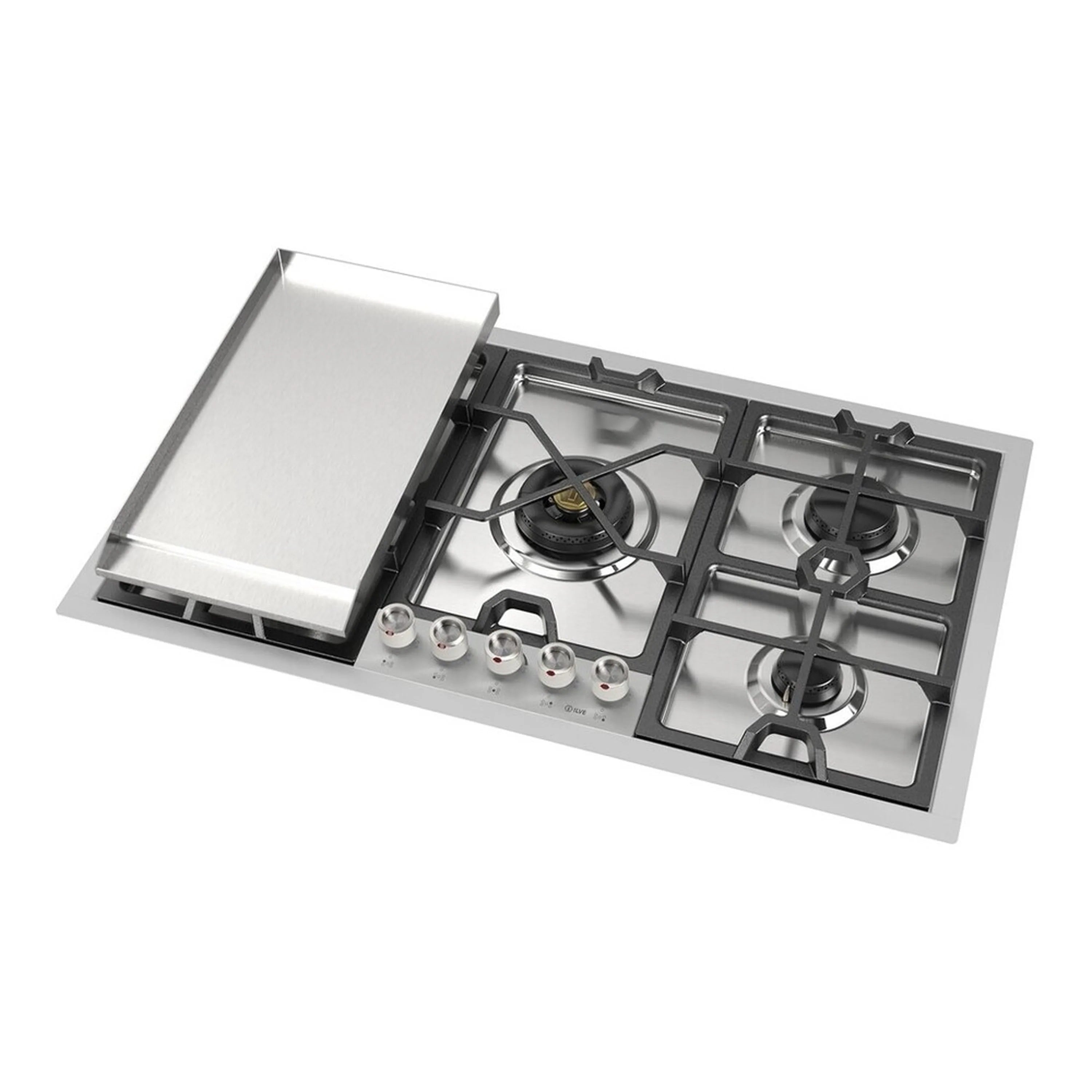 Stainless steel built-in gas cooktop with open griddle cover and lit burner ring