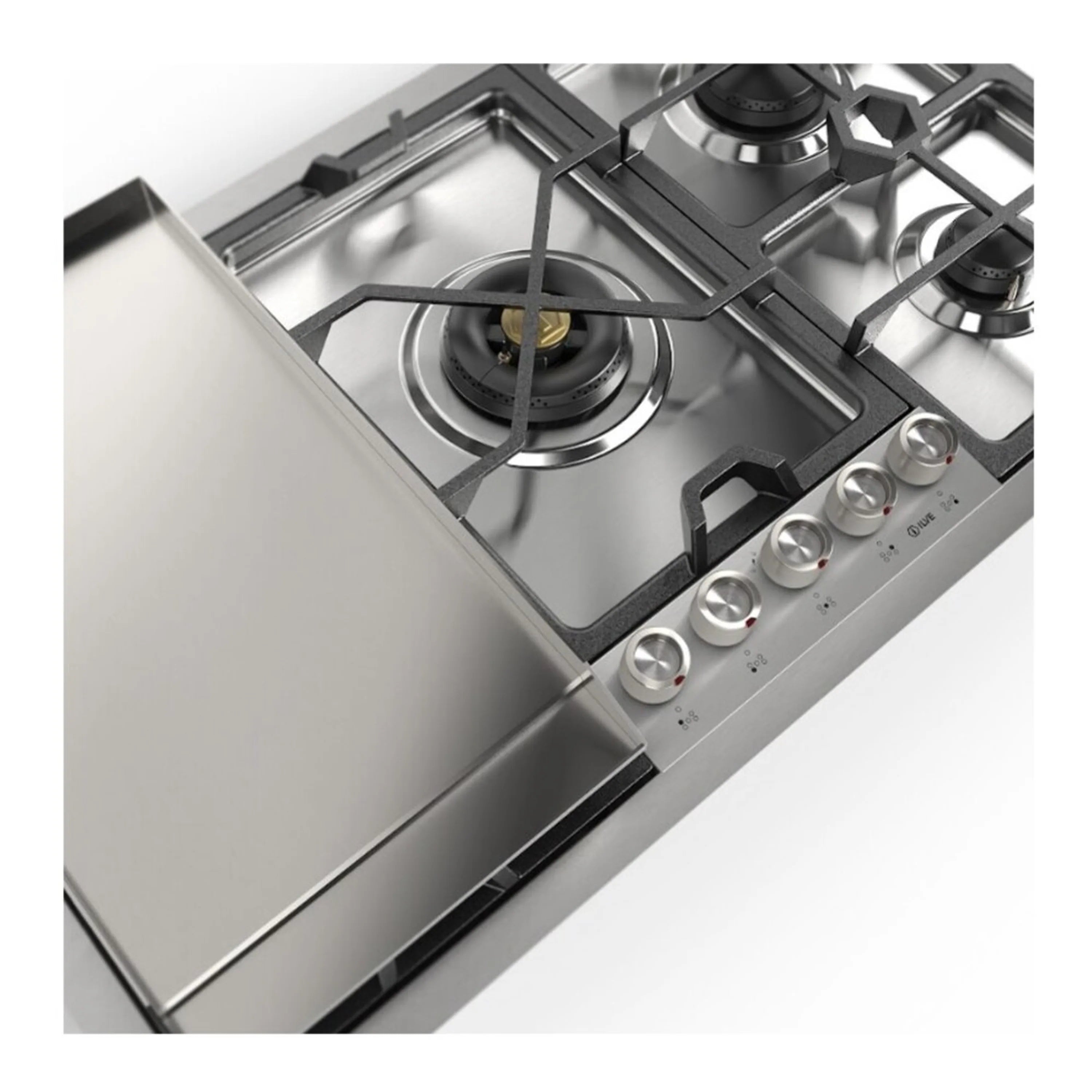 Stainless steel gas cooktop corner view with four burner grates and control knobs
