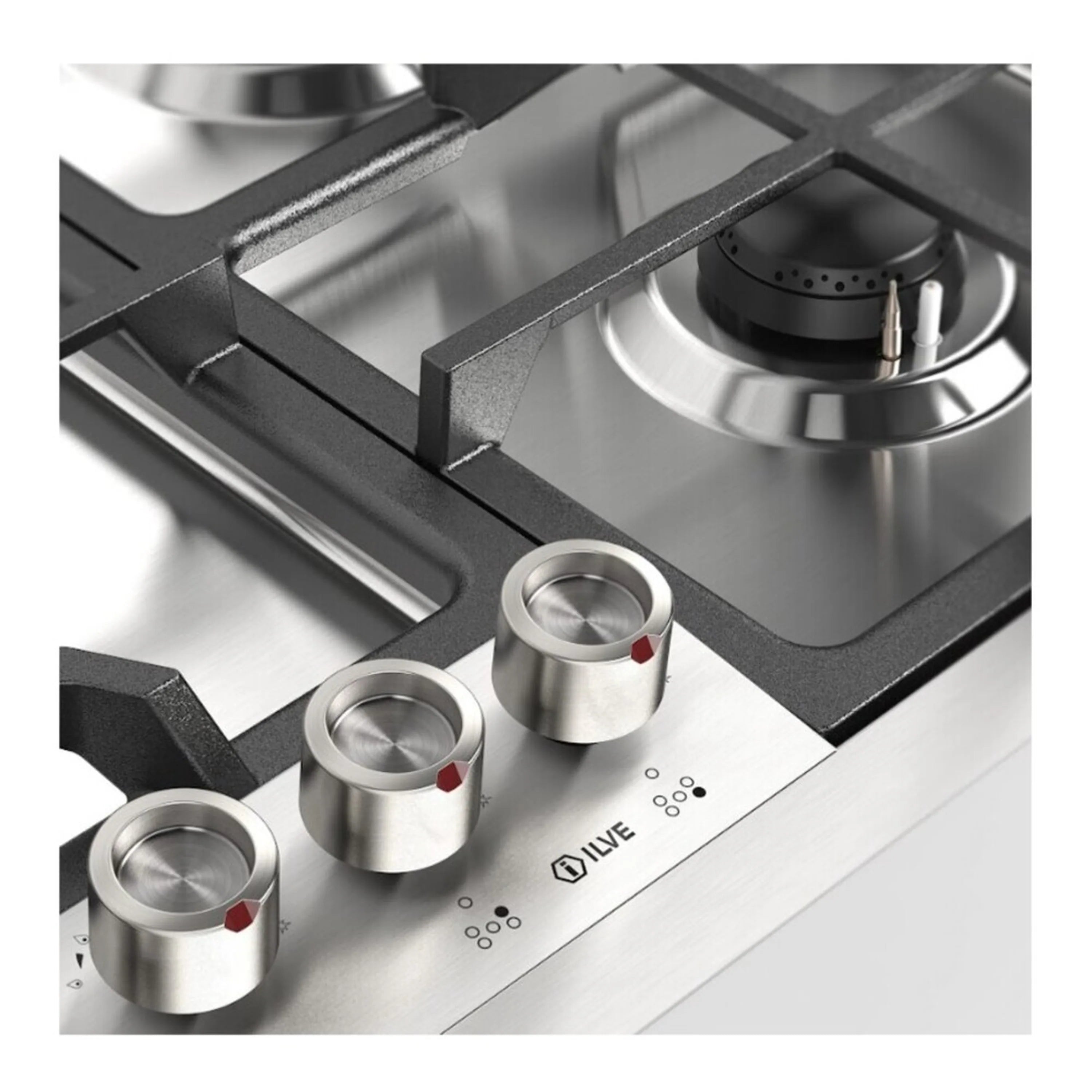 Stainless steel gas cooktop with control knobs and cast-iron burner grate sections