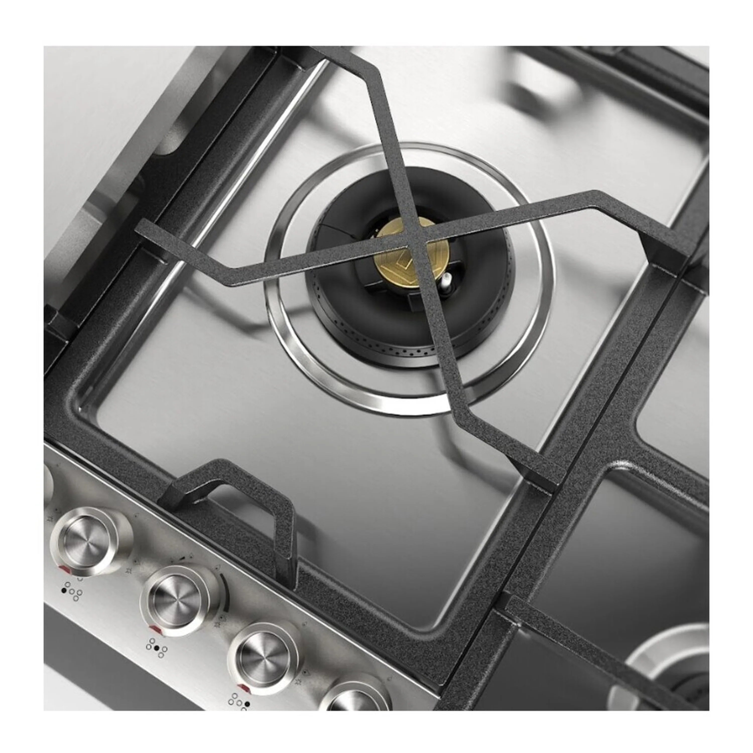 Stainless steel gas cooktop burner with flame and black cast-iron grate rings