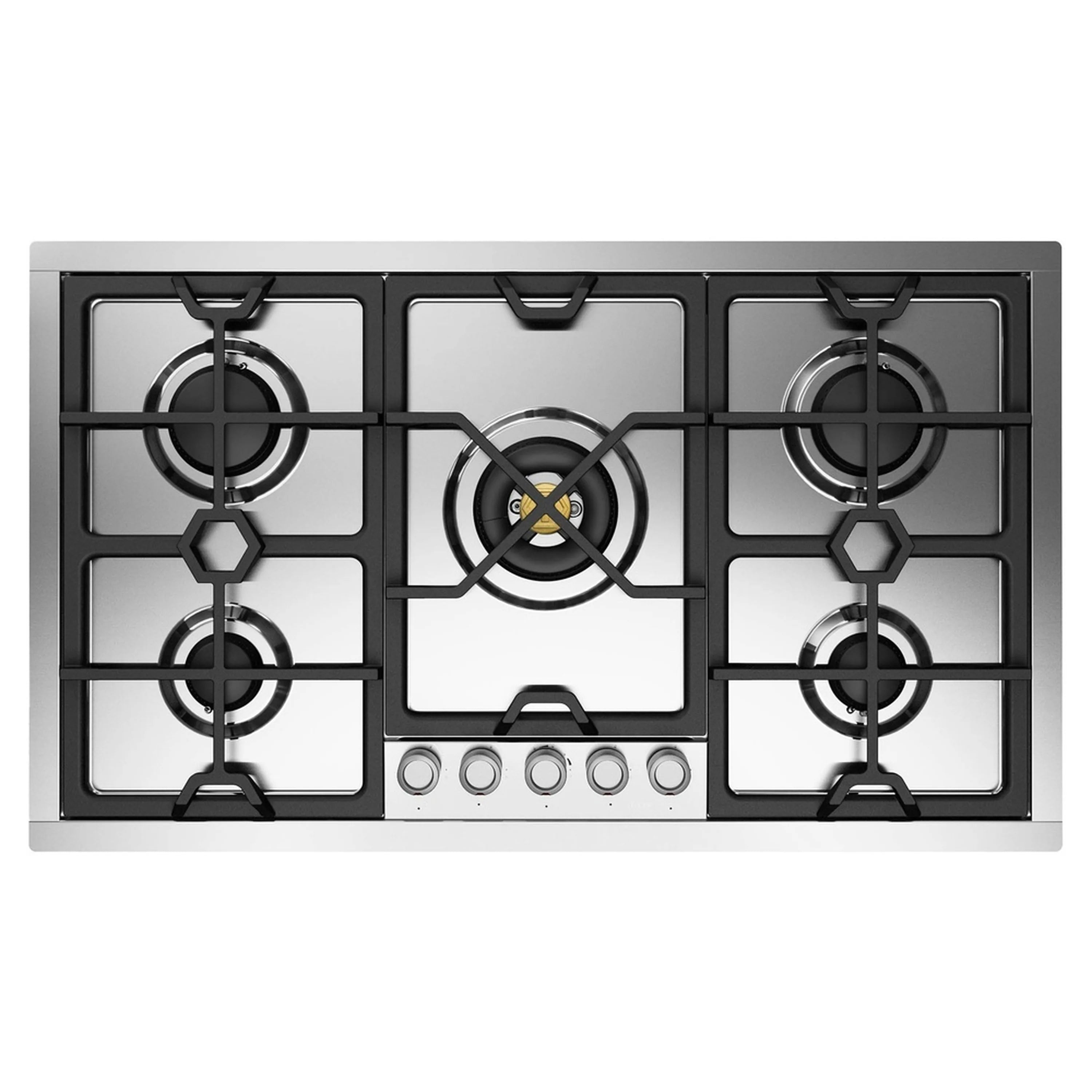 Stainless steel built-in gas cooktop with five burners and black cast-iron grates