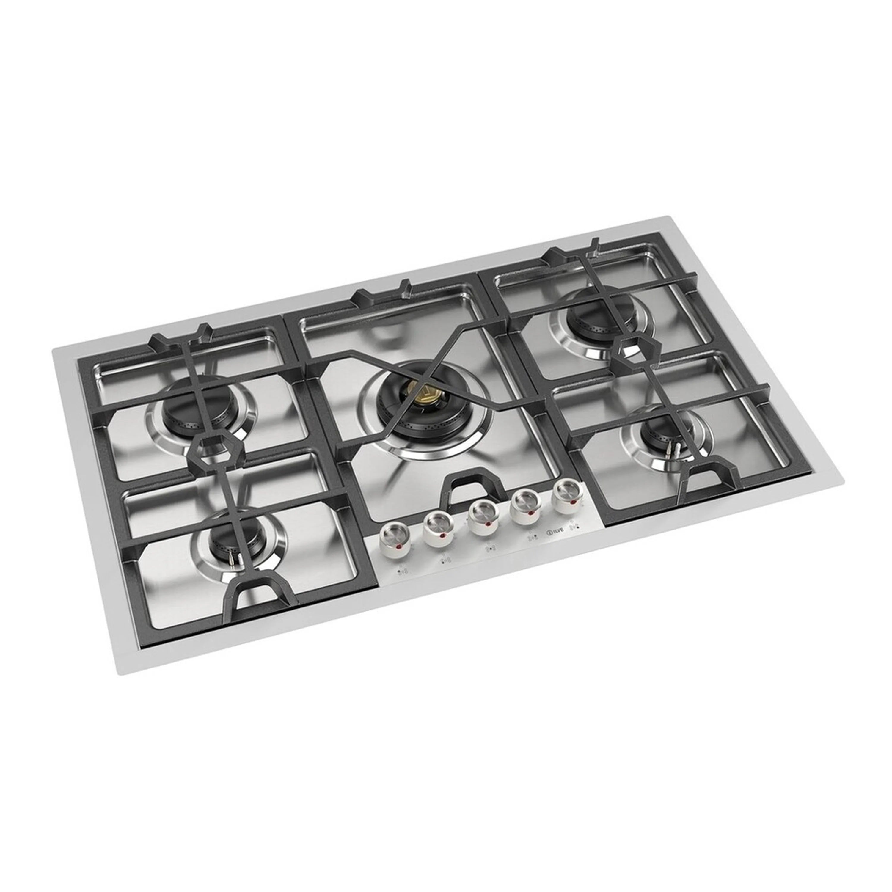 Stainless steel built-in gas cooktop viewed at an angle with five burner grates